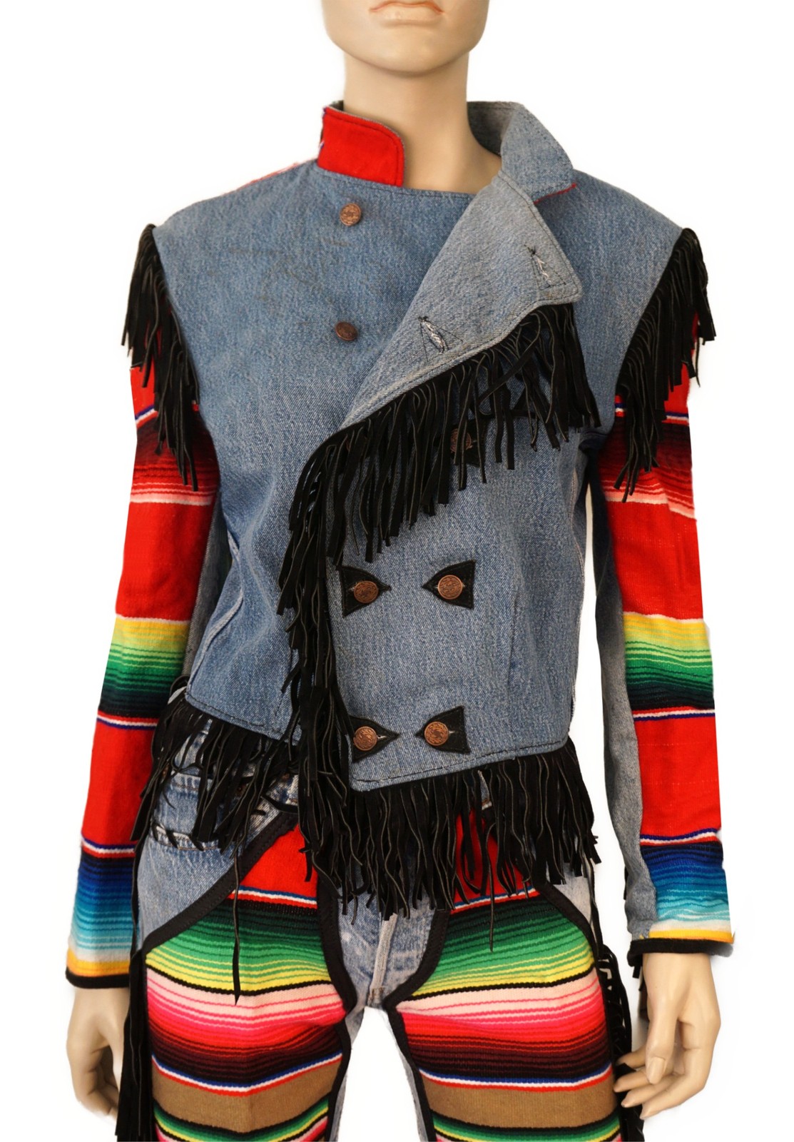 VINTAGE 80s Reworked Levi’s Jacket Sml Jeans Med Leather Fringe Mexican Blanket