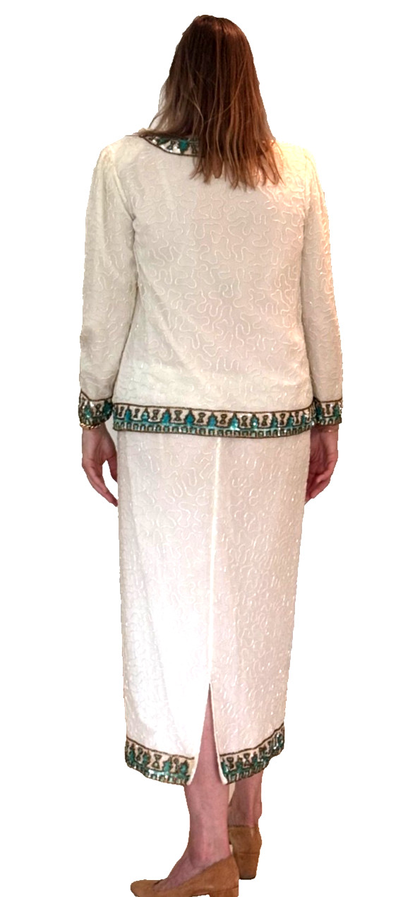 Vintage 70’s Women’s Dressy Scala 100% Silk Beaded Blouse and Skirt Set LG