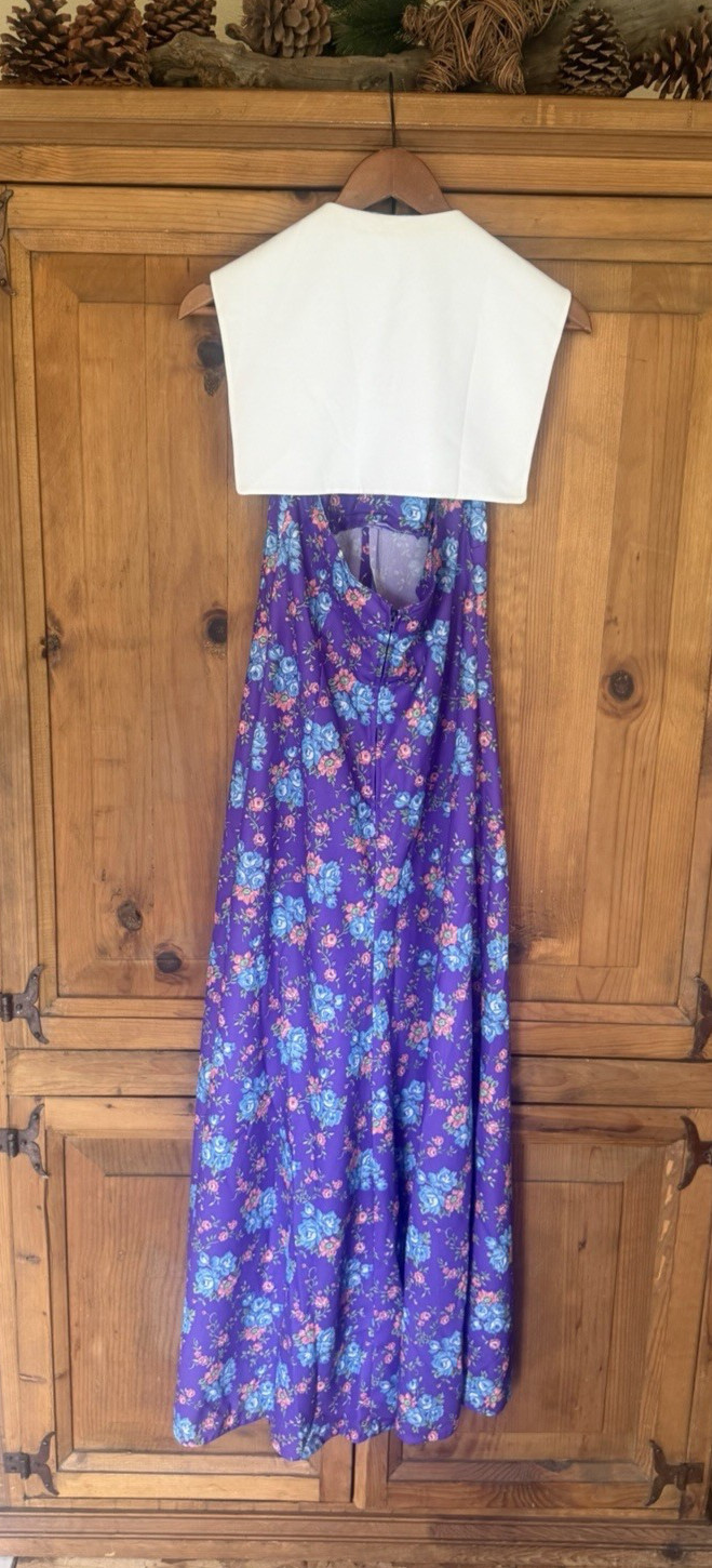 Vintage 70s Homemade Maxi Halter Dress Polyester BIG Collar Backless Talon #277