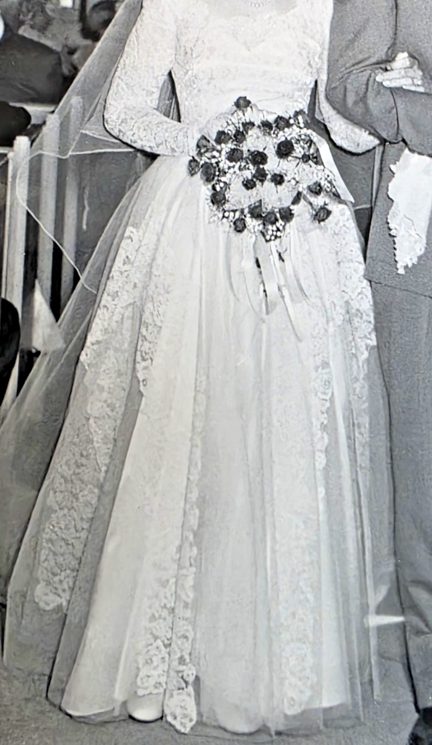 Vintage 1950s Floral Lace & Tulle Wedding Dress with train Long Sleeve Cathedral