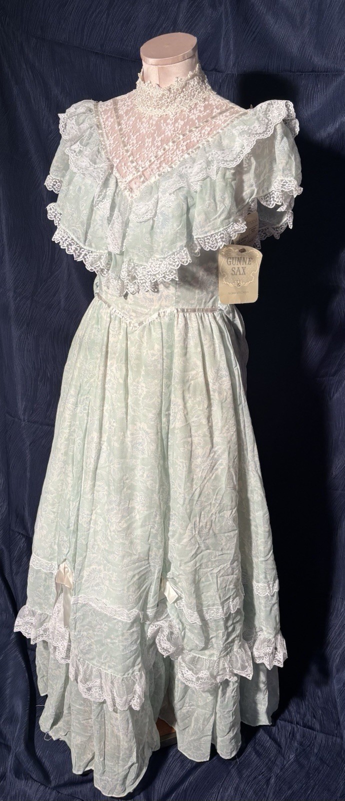 Gunne Sax by Jessica McClintock 1980s Blue Prairie Lace Ruffle Dress 5 New