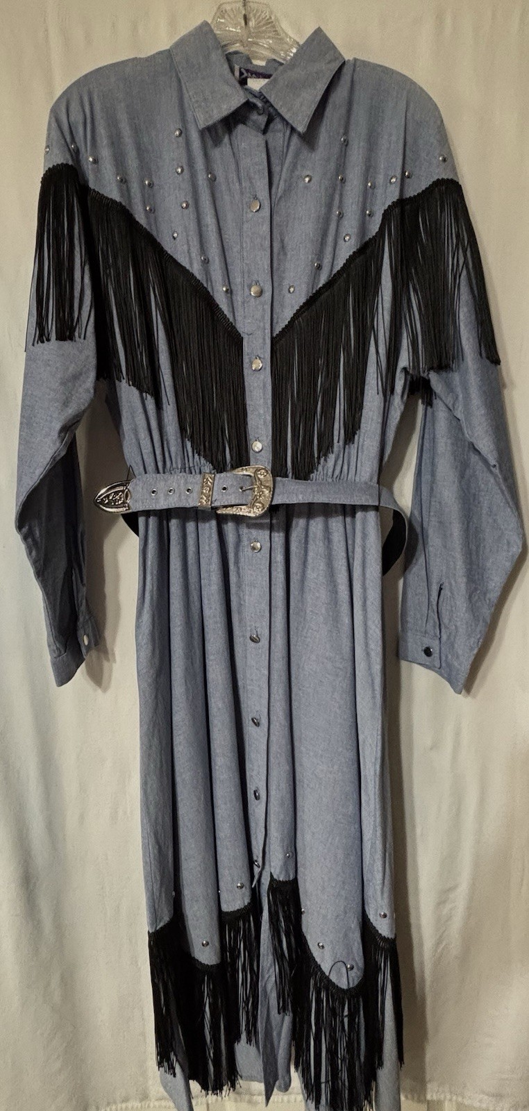 Vintage 80s Cowgirl Western Denim Fringe Midi Dress Large Button Up Long Sleeve