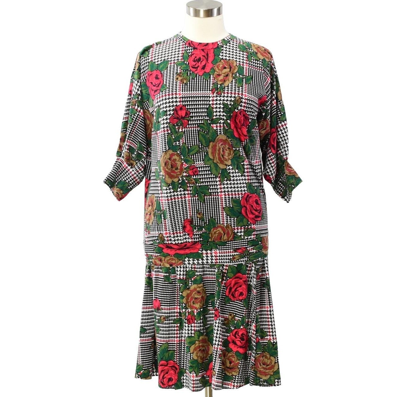 80s Vintage Rose Print Outfit Top & Skirt Set Floral Houndstooth Elastic WaistXL