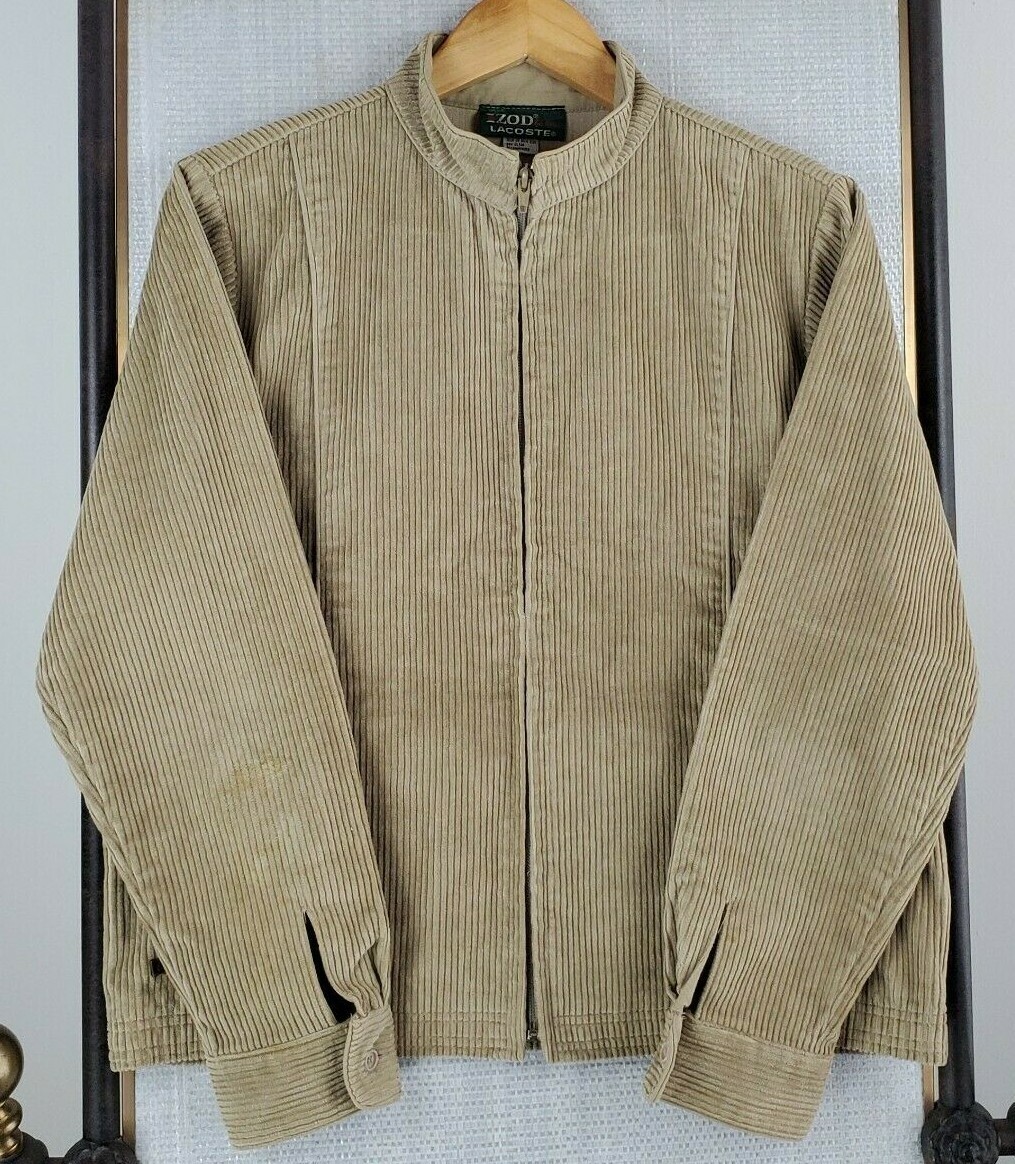 Vintage IZOD LACOSTE 1980s Medium Womens Khaki Corduroy Jacket with Rear Pouch