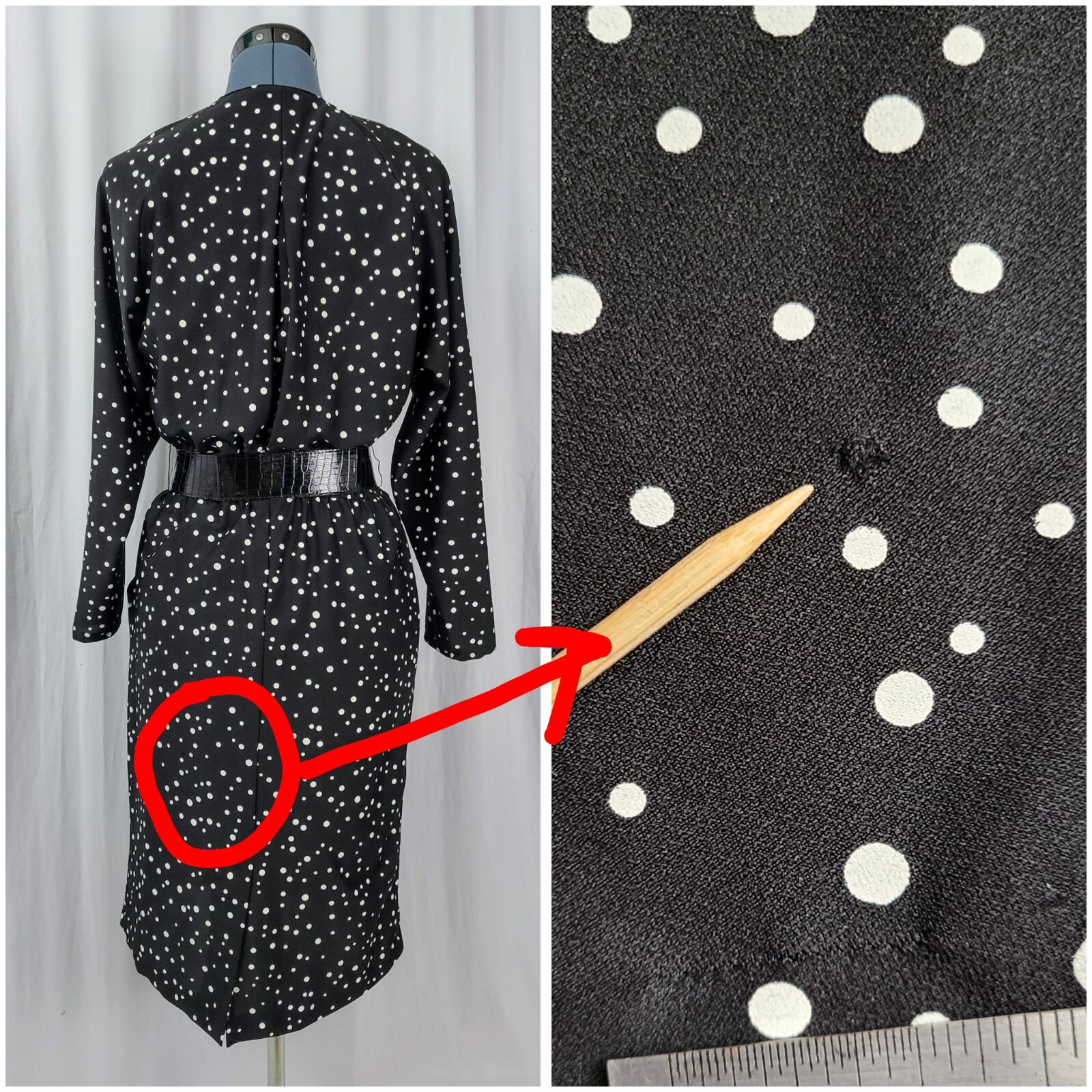 Vintage Sally Lou Black Wrap Dress w White Polka Dots & Belt Size 12