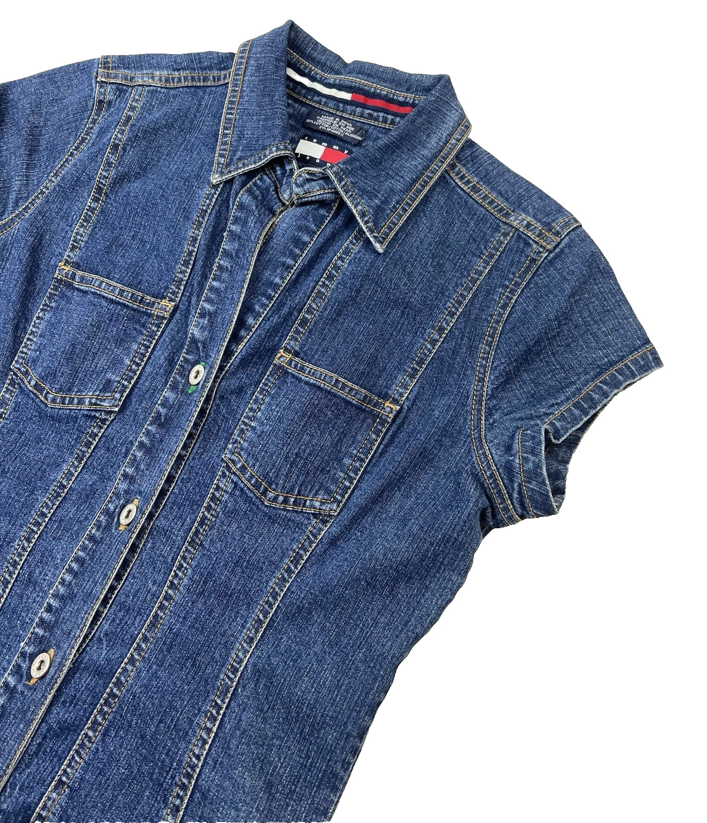 Vtg 90s Y2K Tommy Hilfiger S/S Denim Dress Womens Sz M Drop Waist Button Front