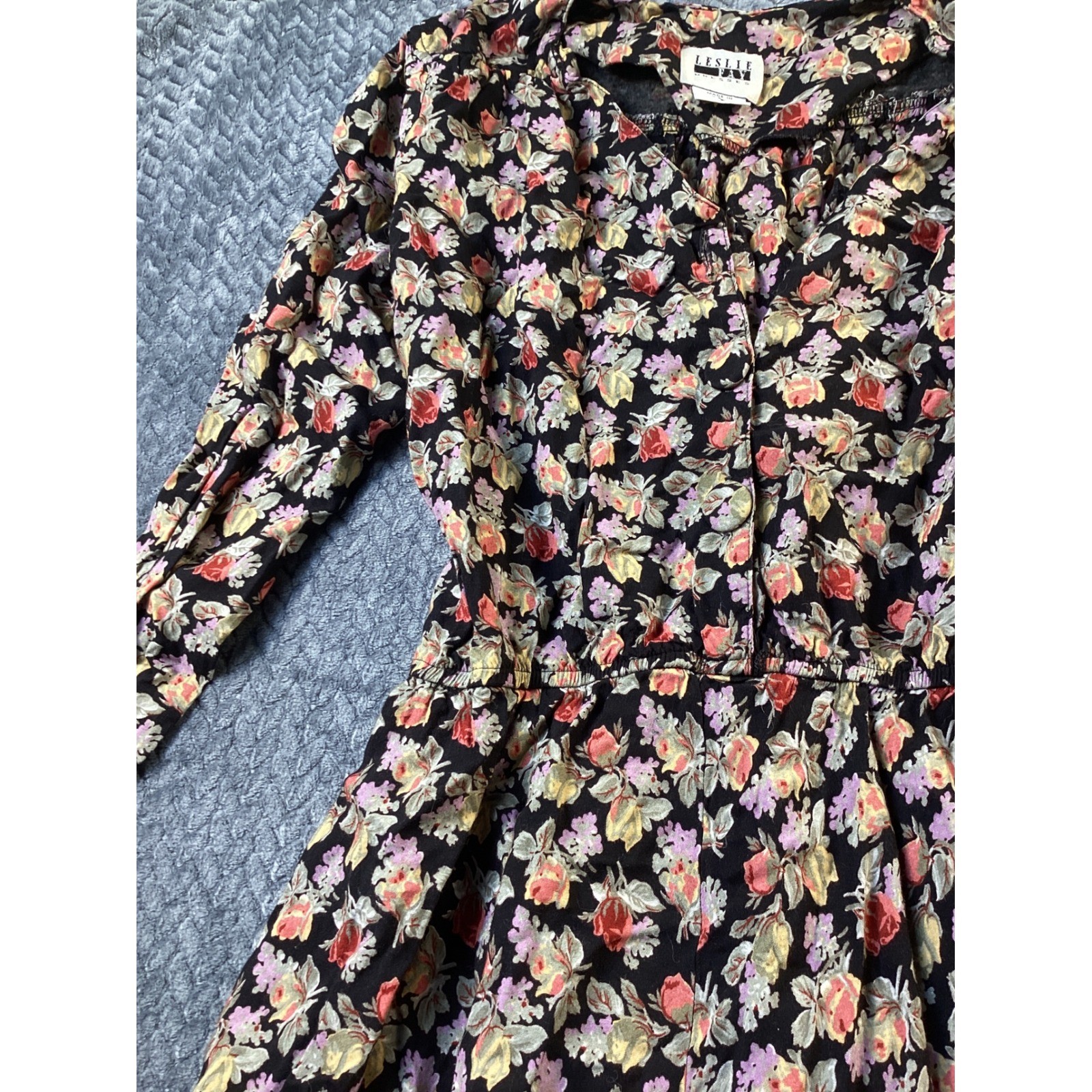 Vintage Leslie Fay Floral Midi Dress Black Long Sleeve 90s USA Made Size 8