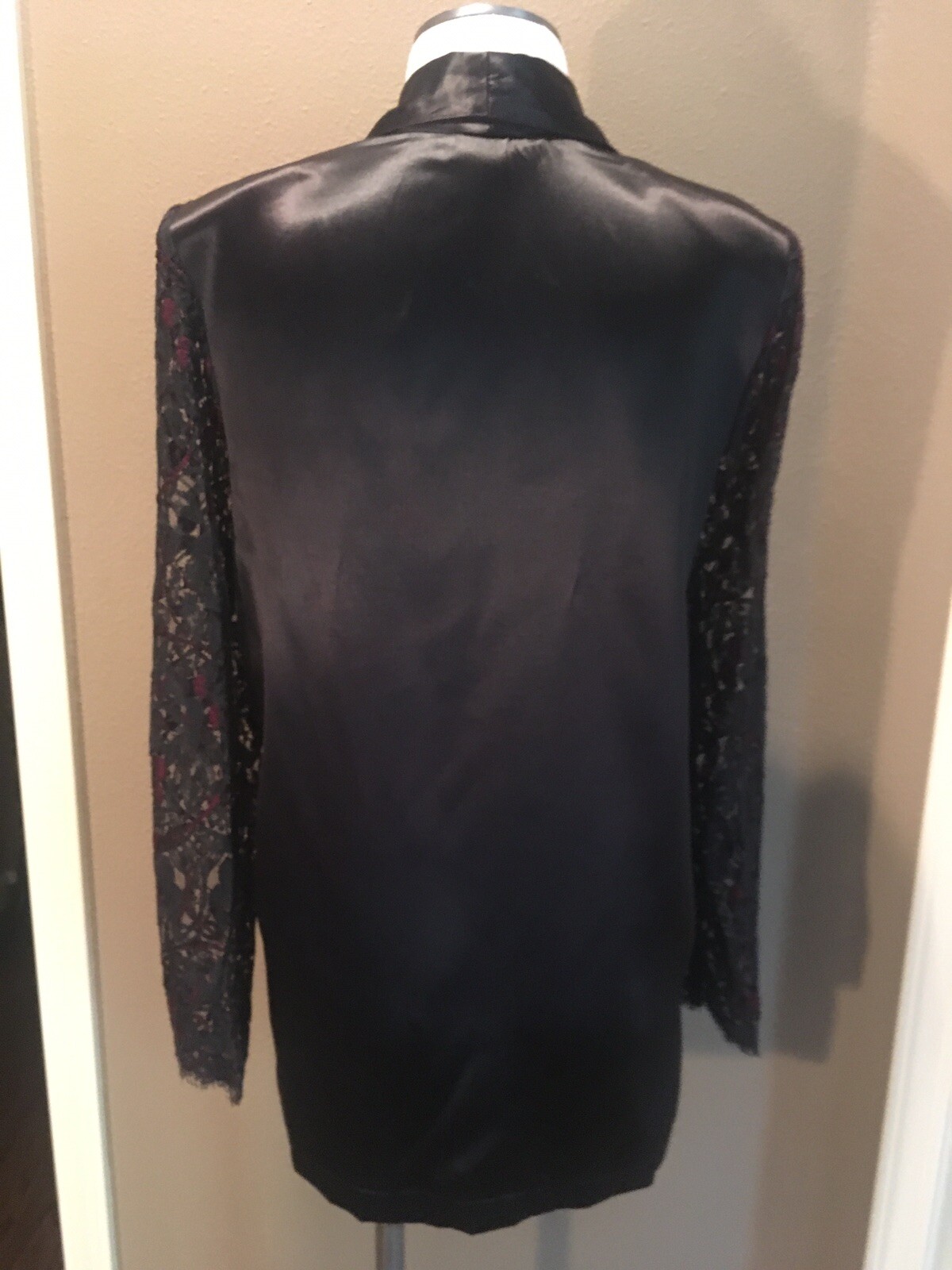 Vintage Sue Wong M Satin Tuxedo Jacket W Black & Wine Lace Sleeves