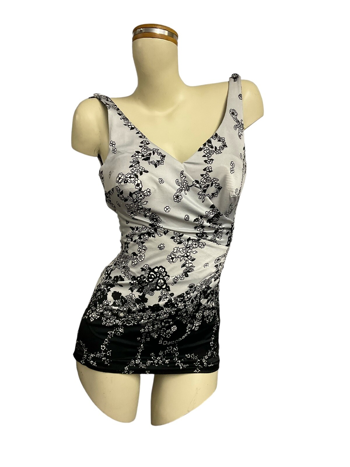 Vtg 70s Swimsuit M Pin Up Skirt Malliot Modest Roxanne Floral Gray Black White S