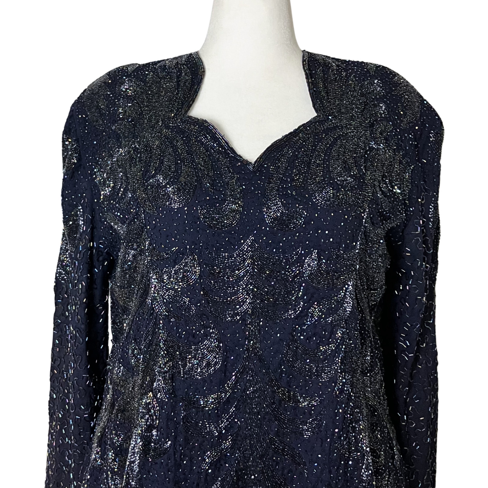 Vintage 80s 90s Navy Blue Beaded Formal Dress Long Sleeves. XL/XXL. Modest
