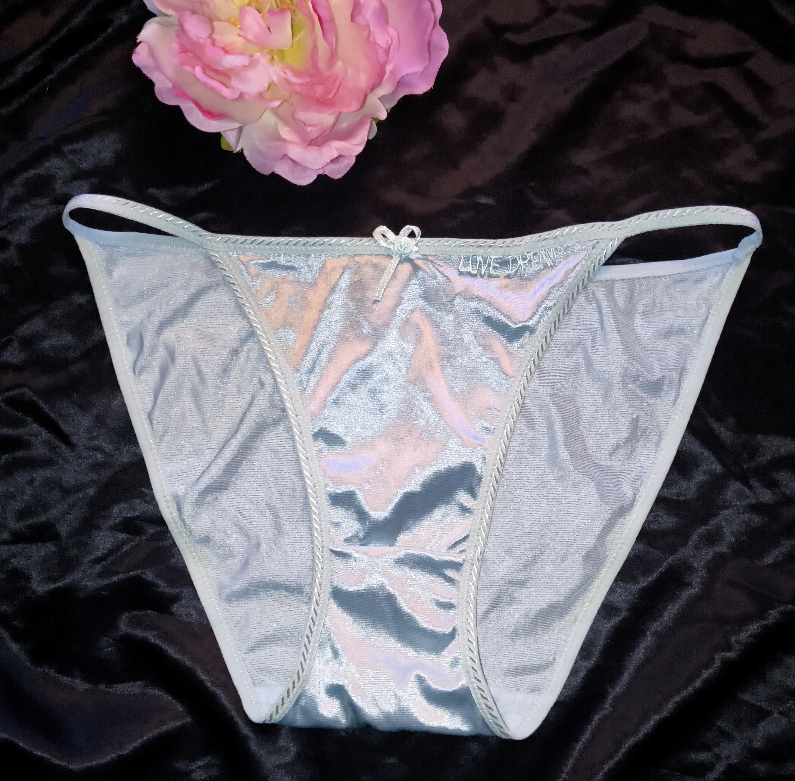 Vintage Low-Rise Girly Glossy Lt. Blue Soft Satin String Bikini Panties Size L/7