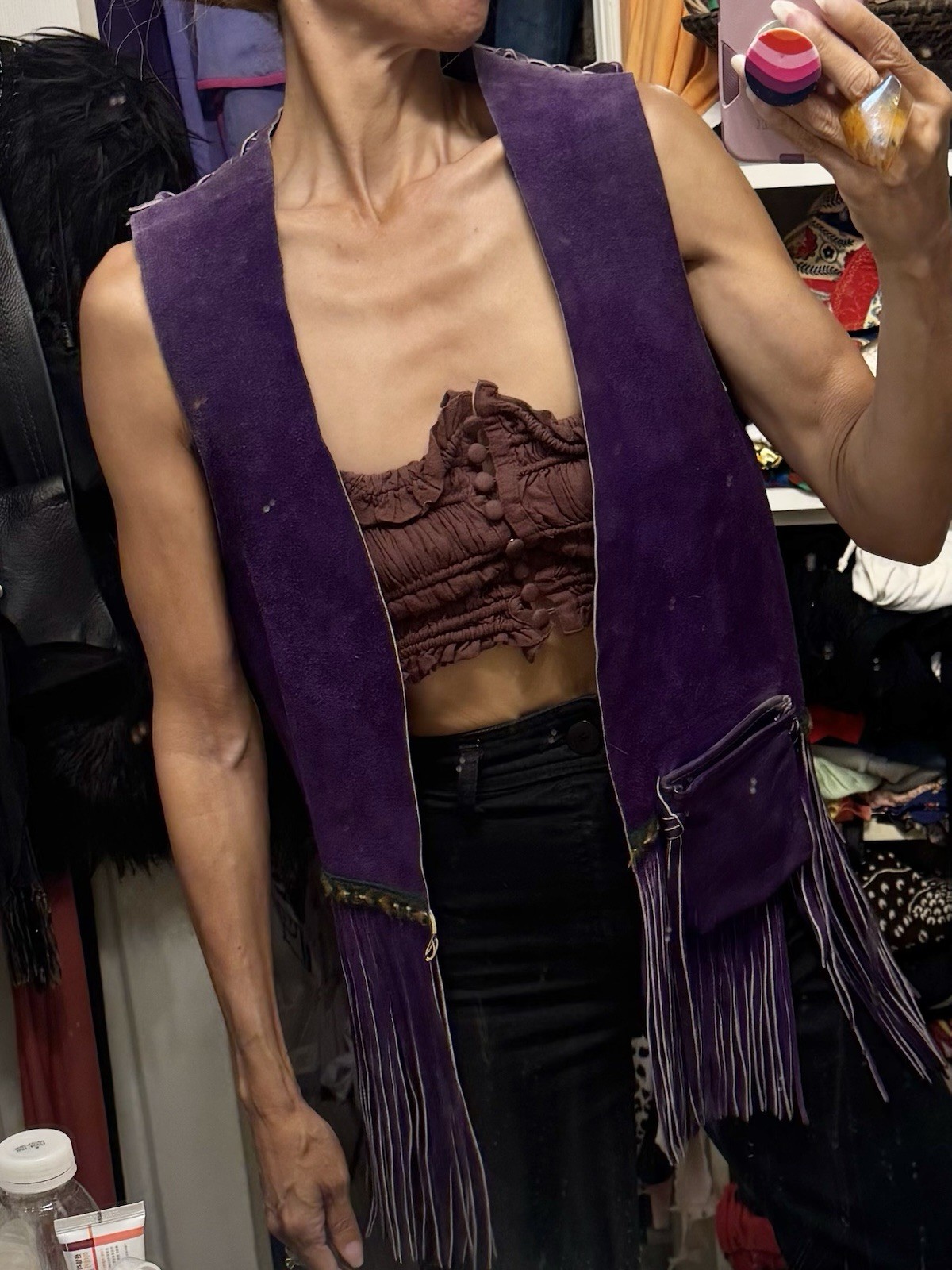 Vtg 70s Purple Leather Suede Vest Fringe Pocket Boho Rock Star Jacket Unisex