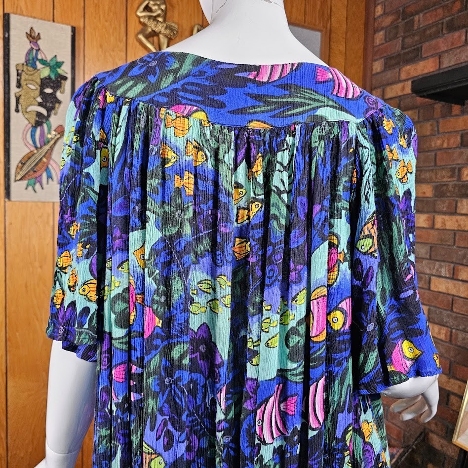 Vtg Mrs. Roper Lounge Caftan Volup Muumuu Tropical Fish Patio Pool Dress L/XL
