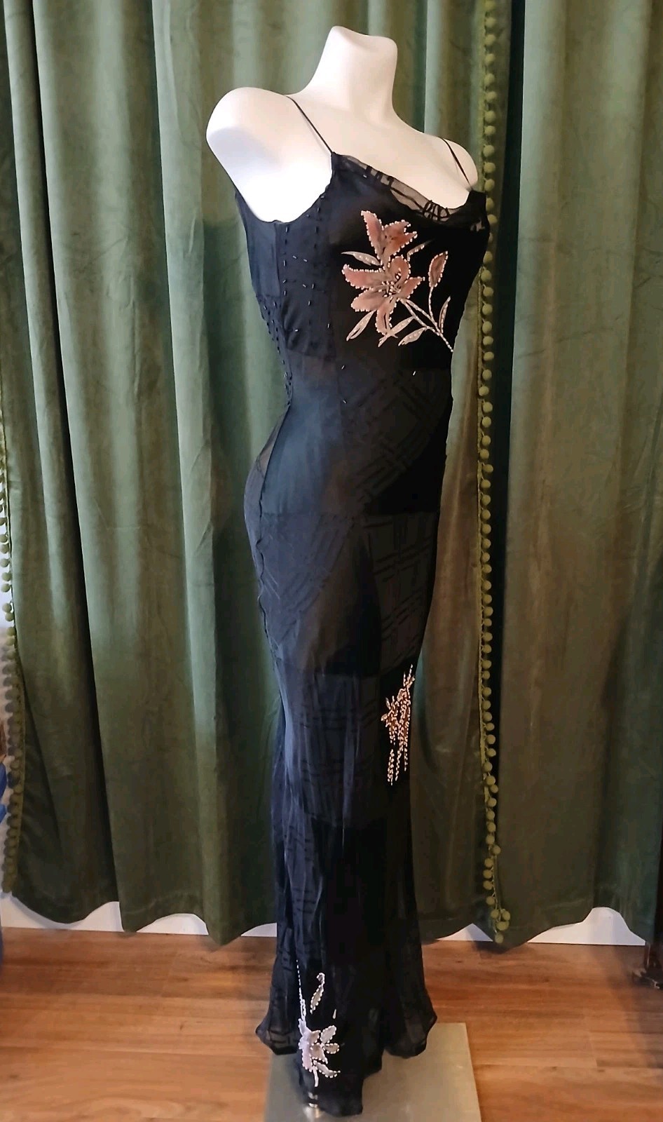 Vintage 90s L’Pogee Black Silk Rayon Floral Beaded Bias Cut Slip Gown Dress 8