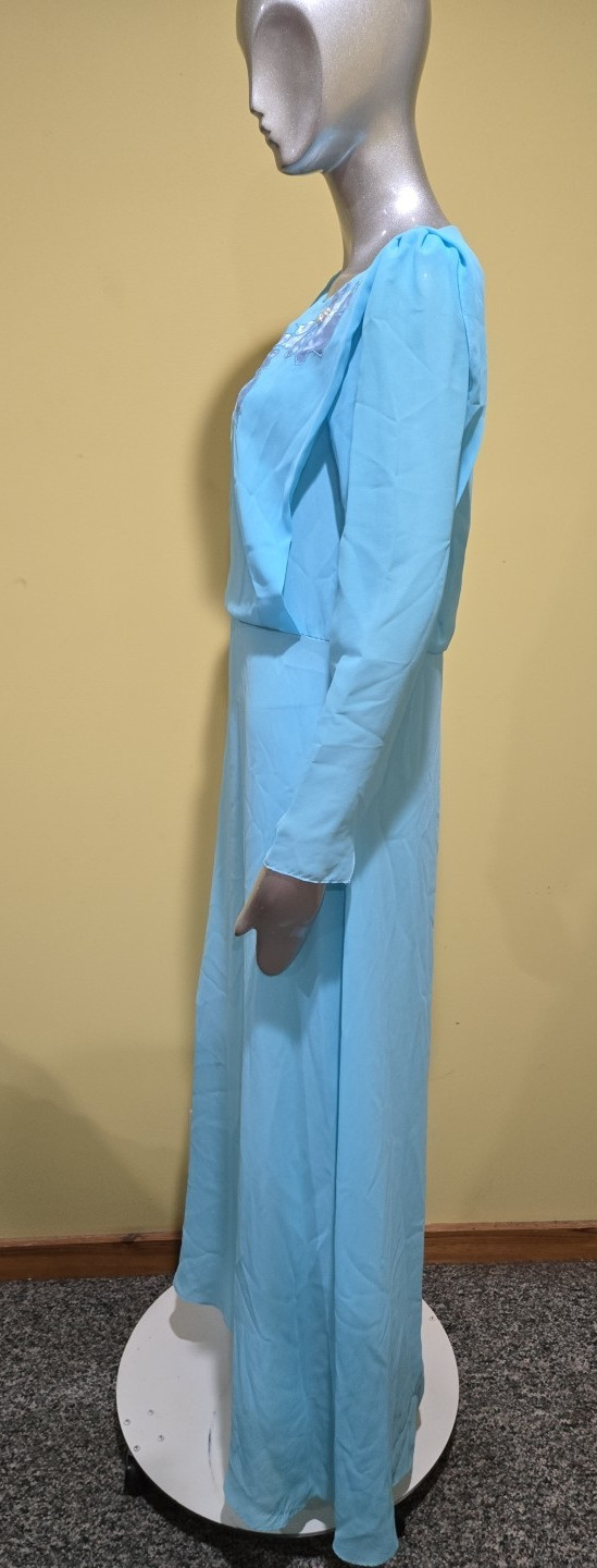 Vtg Mister Jay Semi Sheer Back & Front Blouson Floral Formal Dress Size 8 Blue