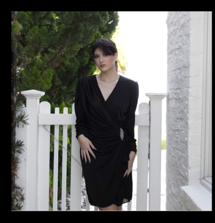 RARE Vintage 1980s Black Filigree Draped Cocktail Dress — Rhinestone Brooch Deta