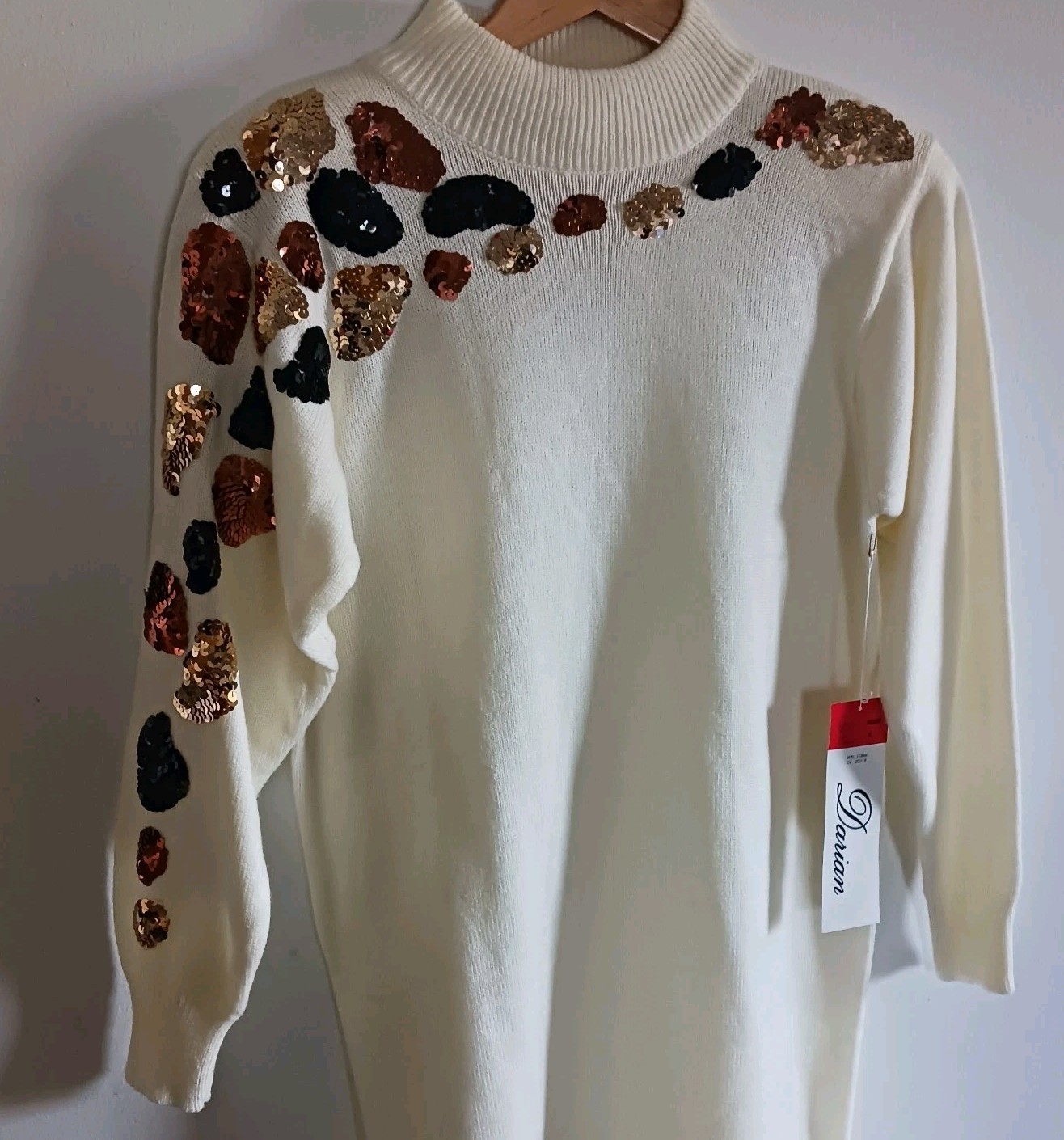 Vintage Sweater Dress Ivory White Leopard Print Sequins 80s Small NWT