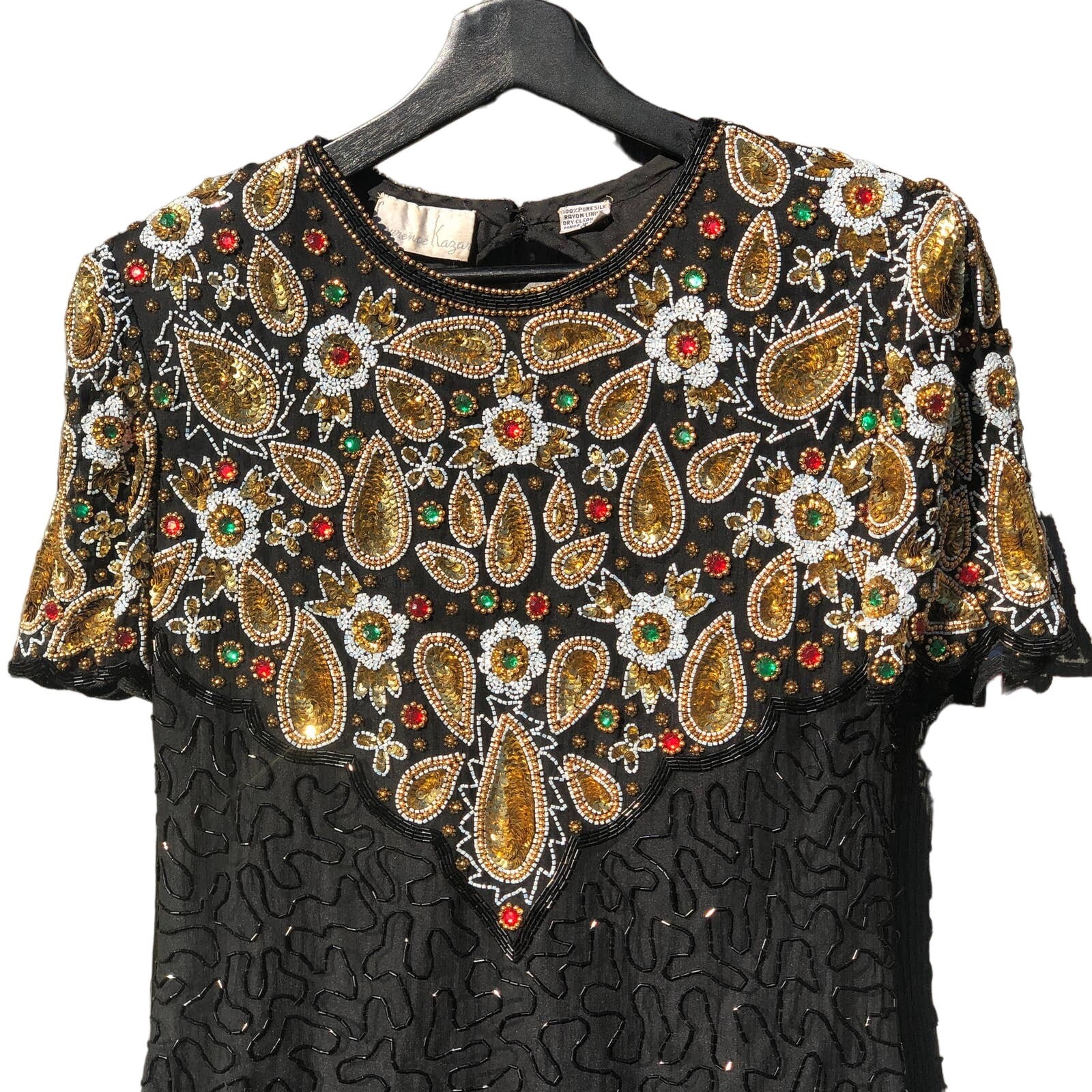 Vintage Fully Beaded Black and Silver Silk Party Dress, 1980s Glamour