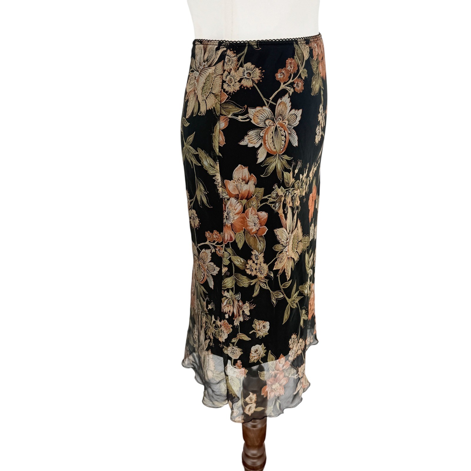 La Belle Mesh Pull On Black Floral Midi Skirt Women M Vintage 90s USA Lined