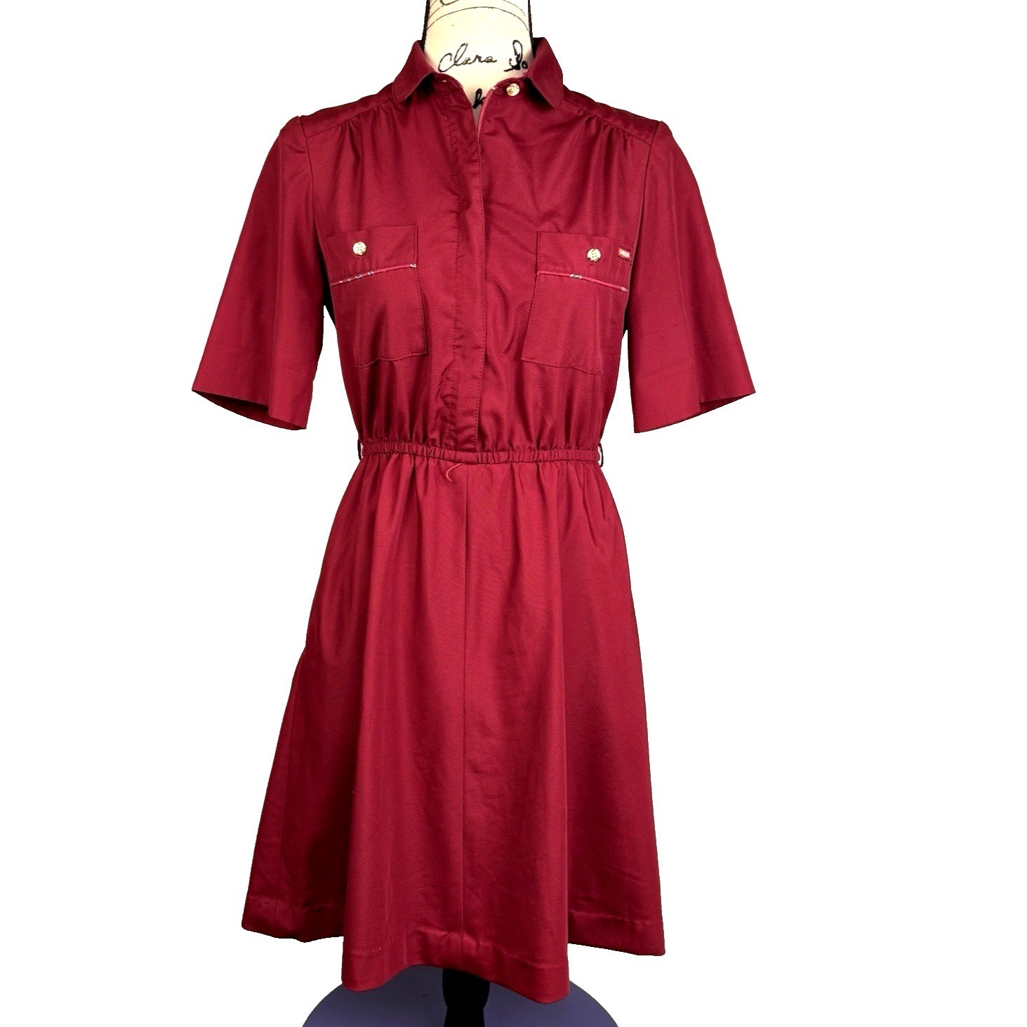 Sasson Short Sleeve Shirt Dress Vtg 70’s Maroon Paisley Trim Cotton Retro Preppy