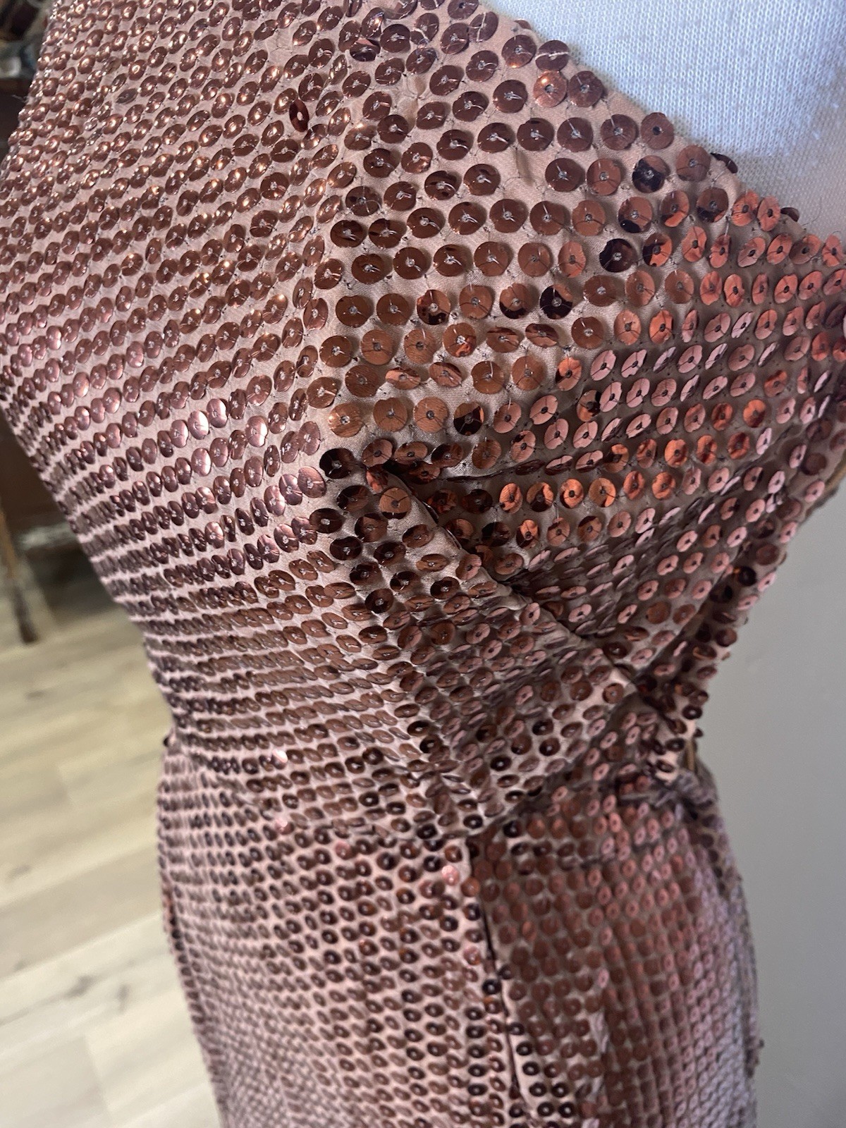 Vintage 1960’s Mike Benet Formals Copper Sequined One Shoulder Gown XS