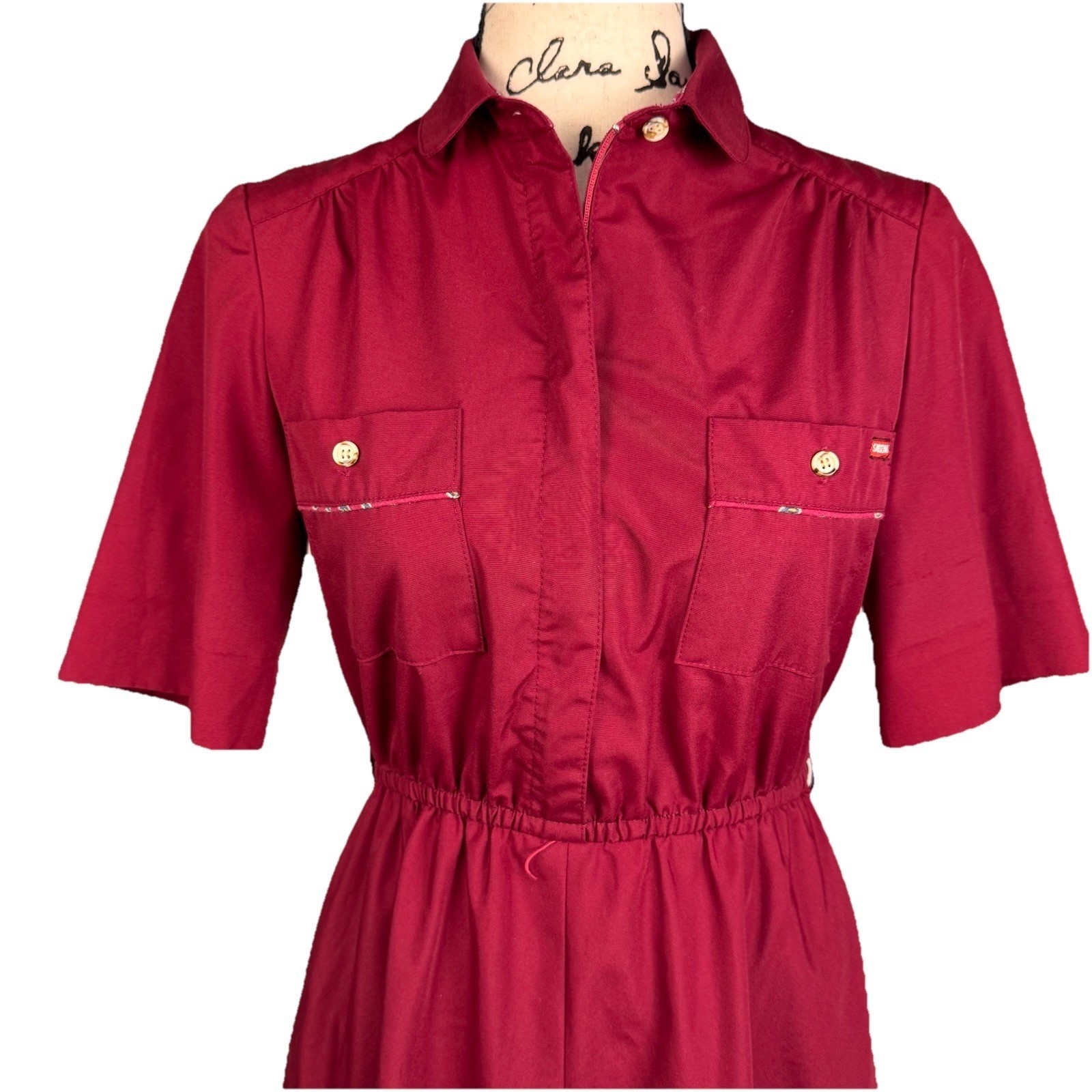 Sasson Short Sleeve Shirt Dress Vtg 70’s Maroon Paisley Trim Cotton Retro Preppy