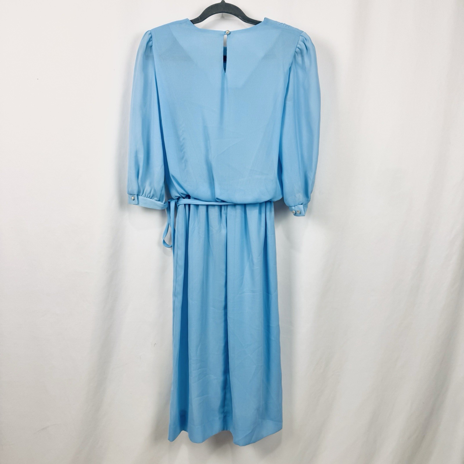 Vintage 70s Lady Carol 12 Blue Lightweight Sheer Blouson Midi Dress 3/4 Sleeve
