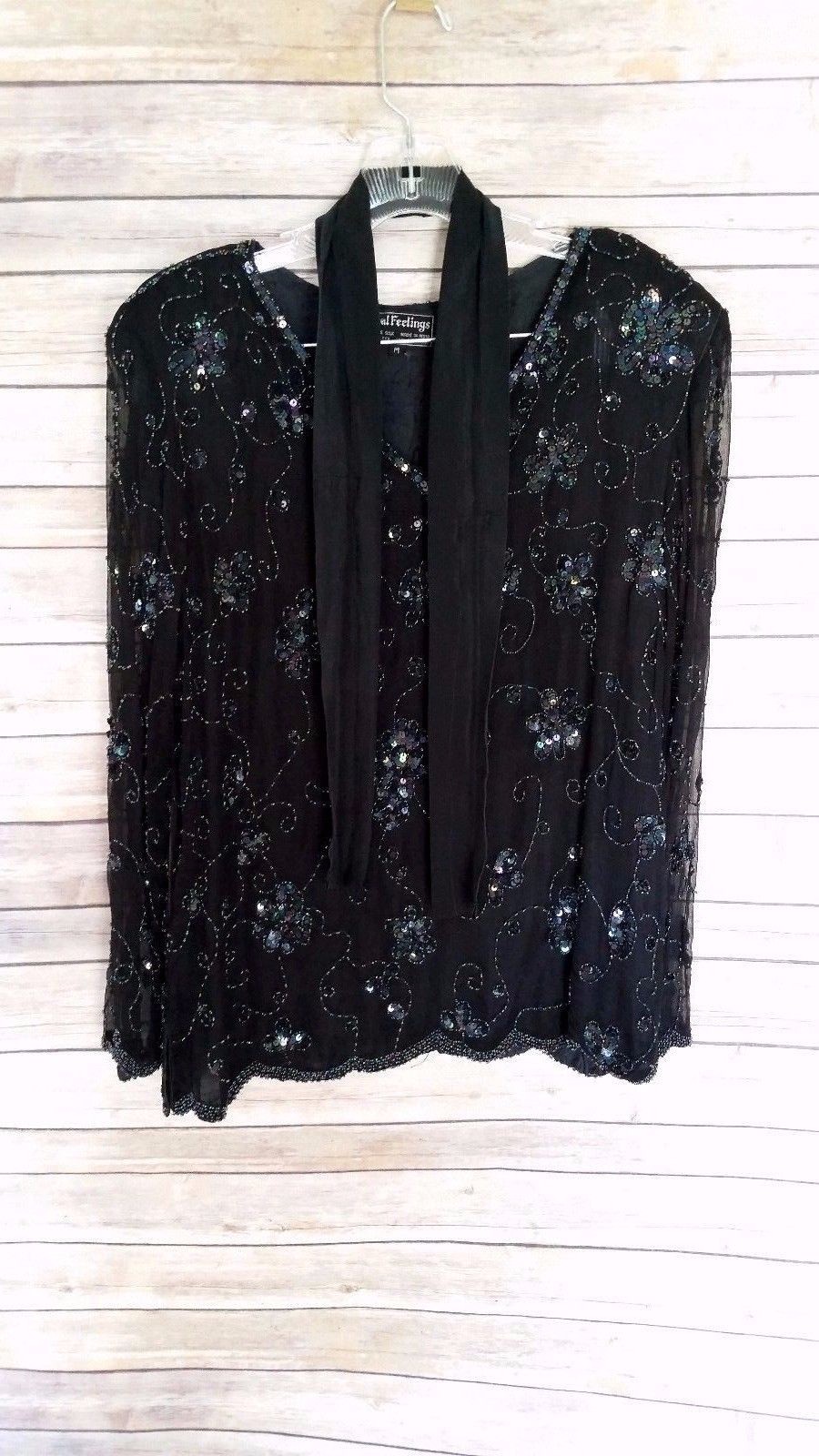 Vintage Royal Feelings Beaded Top Blouse Sheer Sleeves V-Neck 100% Silk Size M