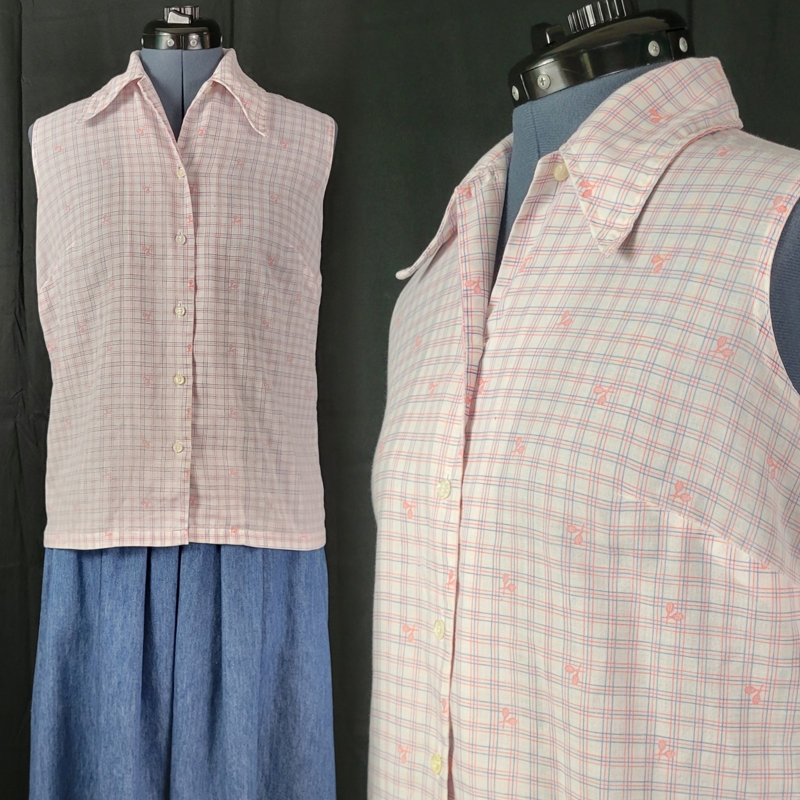 Vtg Ship’N Shore White/Blue/Pink Tennis Plaid Sleeveless Collared Top Size 14
