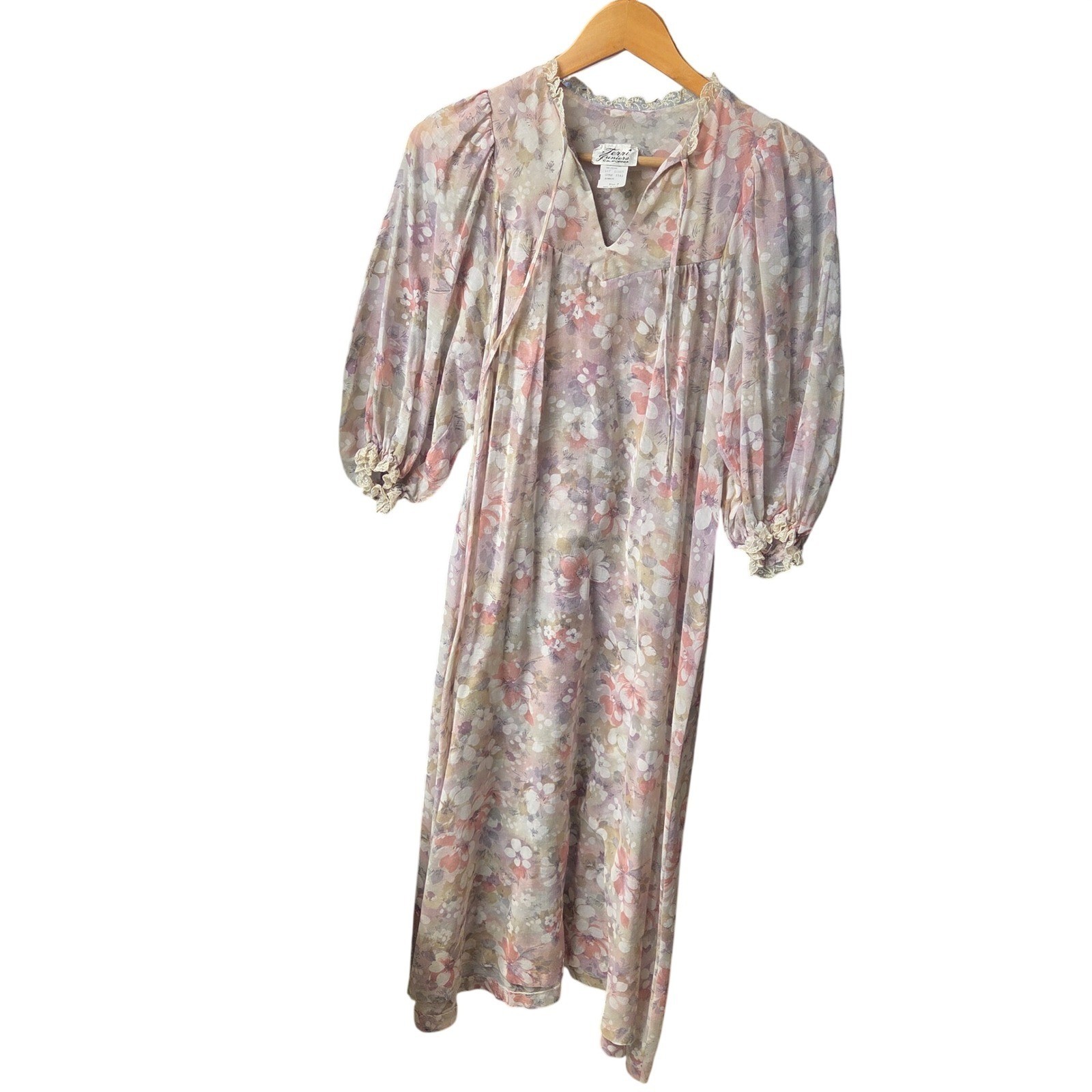 Vintage 70s Terri Juniors California Floral Lace Midi Dress Cottagecore Prairie