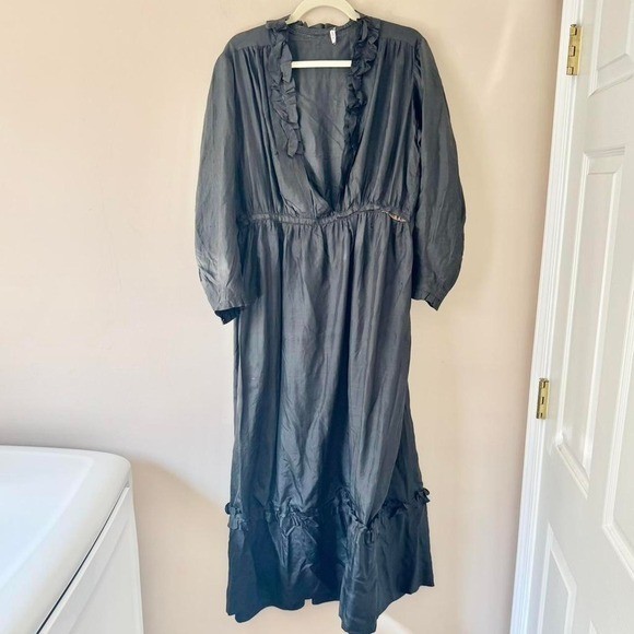 Edwardian Black Silk Long Sleeve Dress Mourning Medium Antique