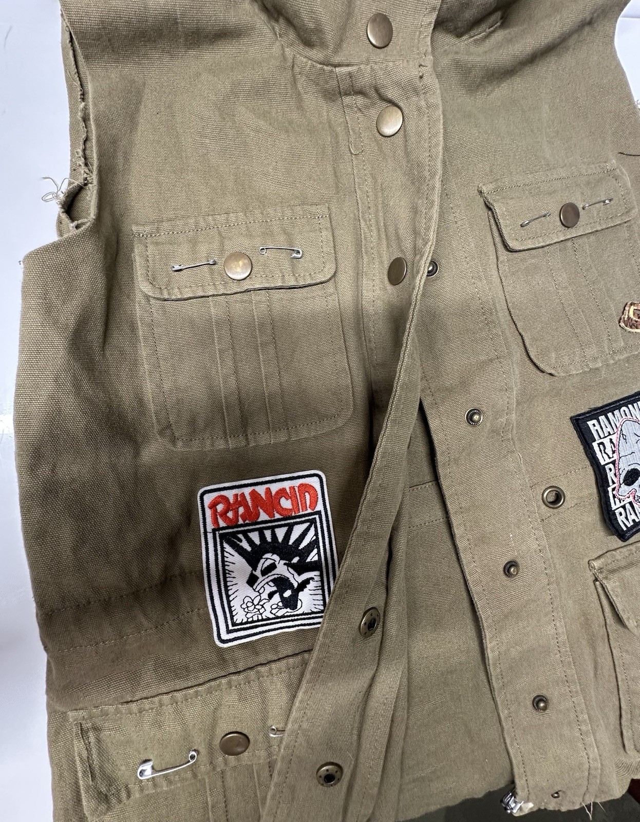 Ramones Rancid Khaki Utility Vest Patches Safety Pins Added Punk Clothes