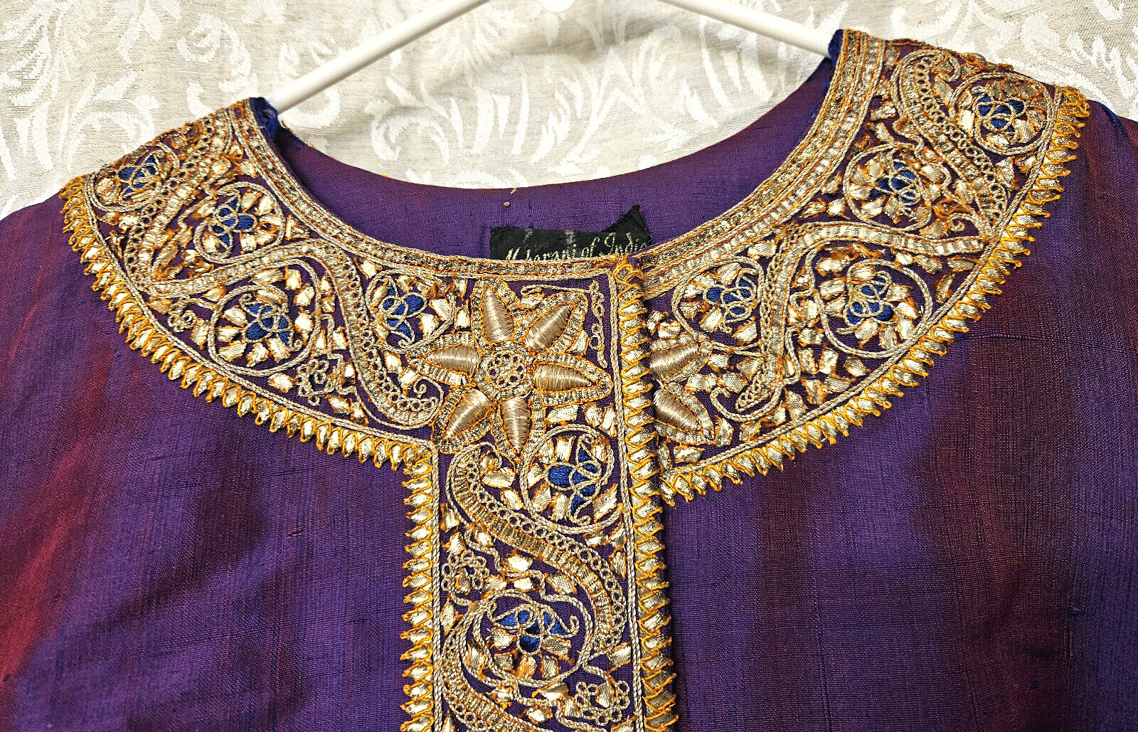 Maharani of India ’60s dupioni silk Jackie O dress thick gold bullion embroidery