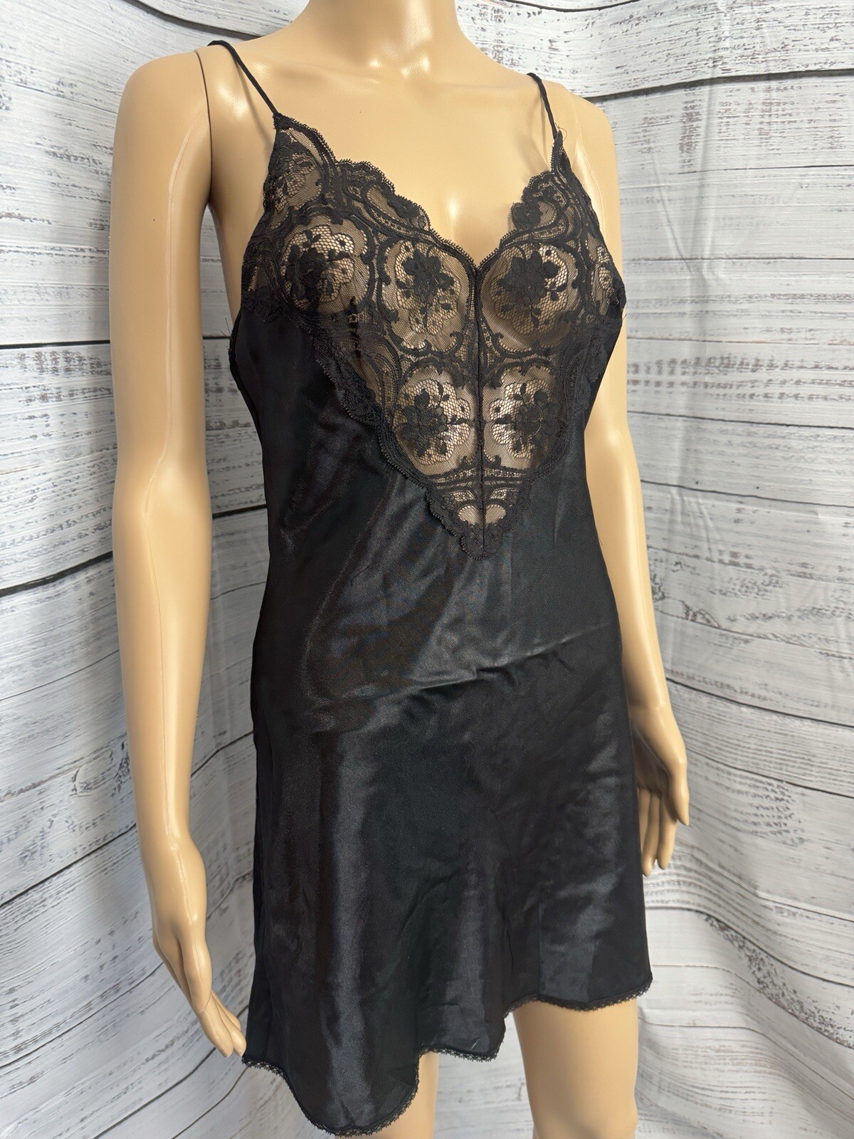 Vintage Sedu USA Made Black Satin Lace Slip Dress S Babydoll Lingerie 90s EUC