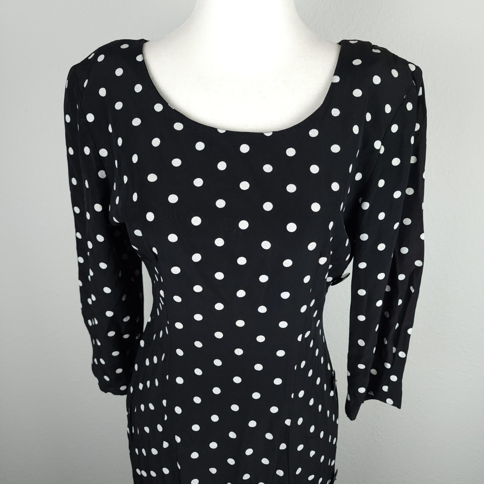 Vintage 80s 1940s DiamondsRun Black White Midi Pencil Dress Long Sleeve PolkaDot