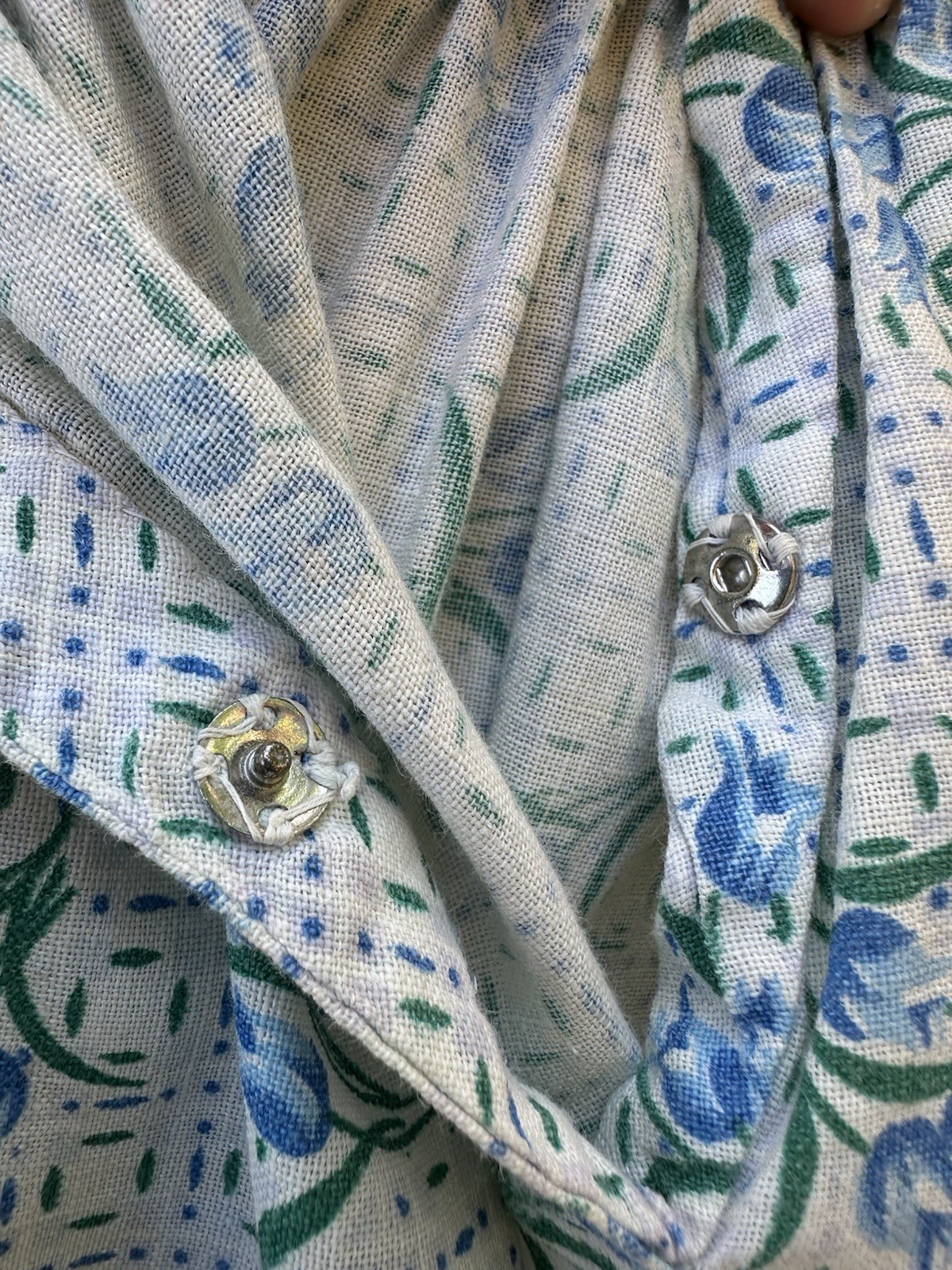 1930s 40s Feed Sack Skirt 28” Waist Blue Floral Tulip Grid Fabric Cotton MOP VTG