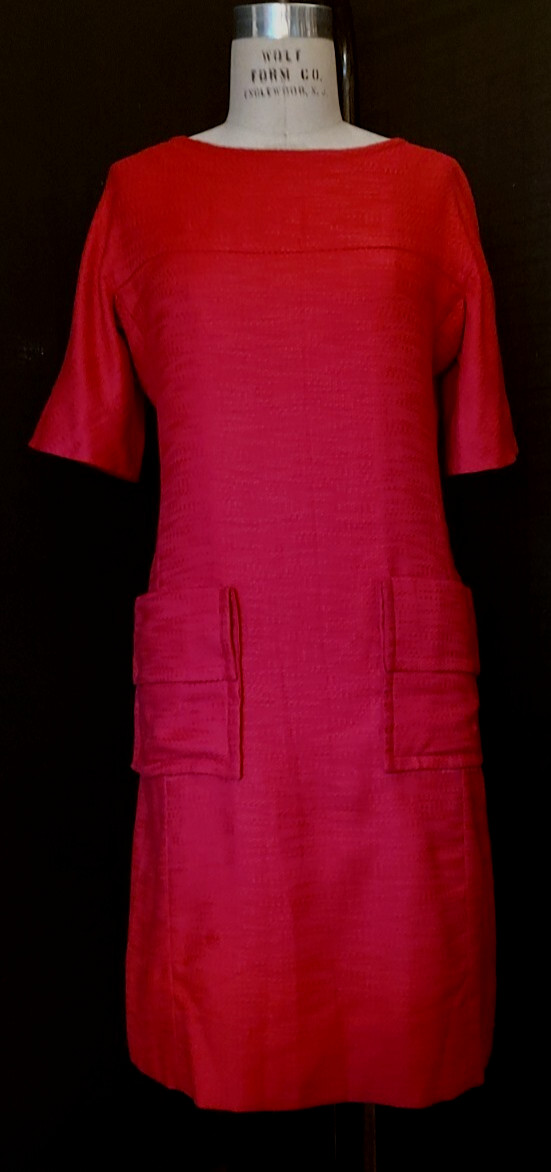 Vtg 60s SHIFT Style DRESS SABRINA NECK, DEEP GERANIUM PINK LINEN, MOP BUTTONS