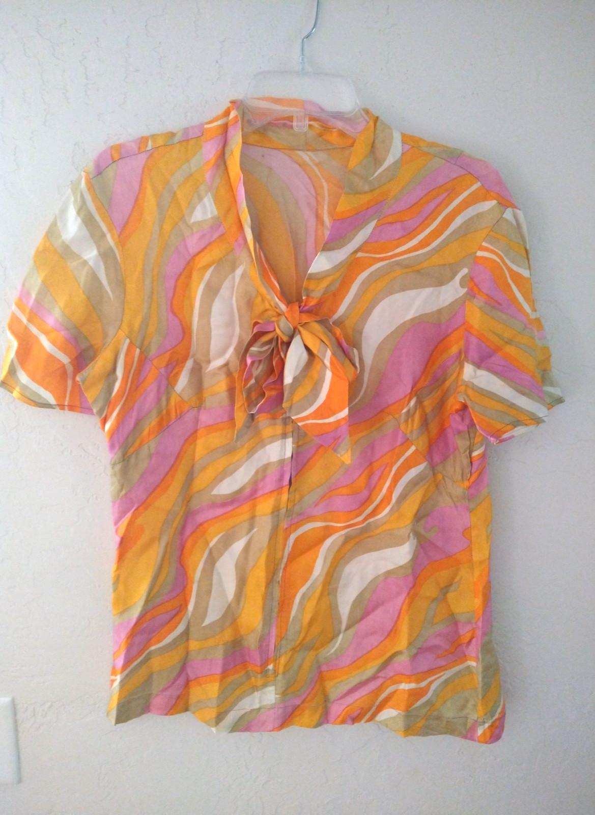 Vtg Handmade 70’s Psychedelic Bow Front Zip Blouse Hippie Disco Art Pinholes Run