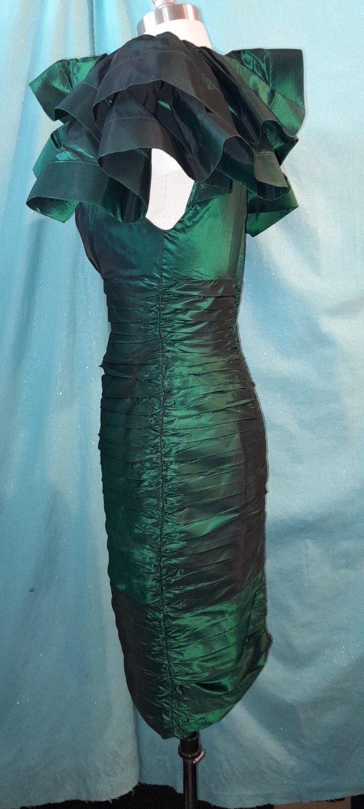 Vtg 80s Emerald Green TADASHI Pleated RUFFLE Wiggle Tafffeta Party Prom Dress S