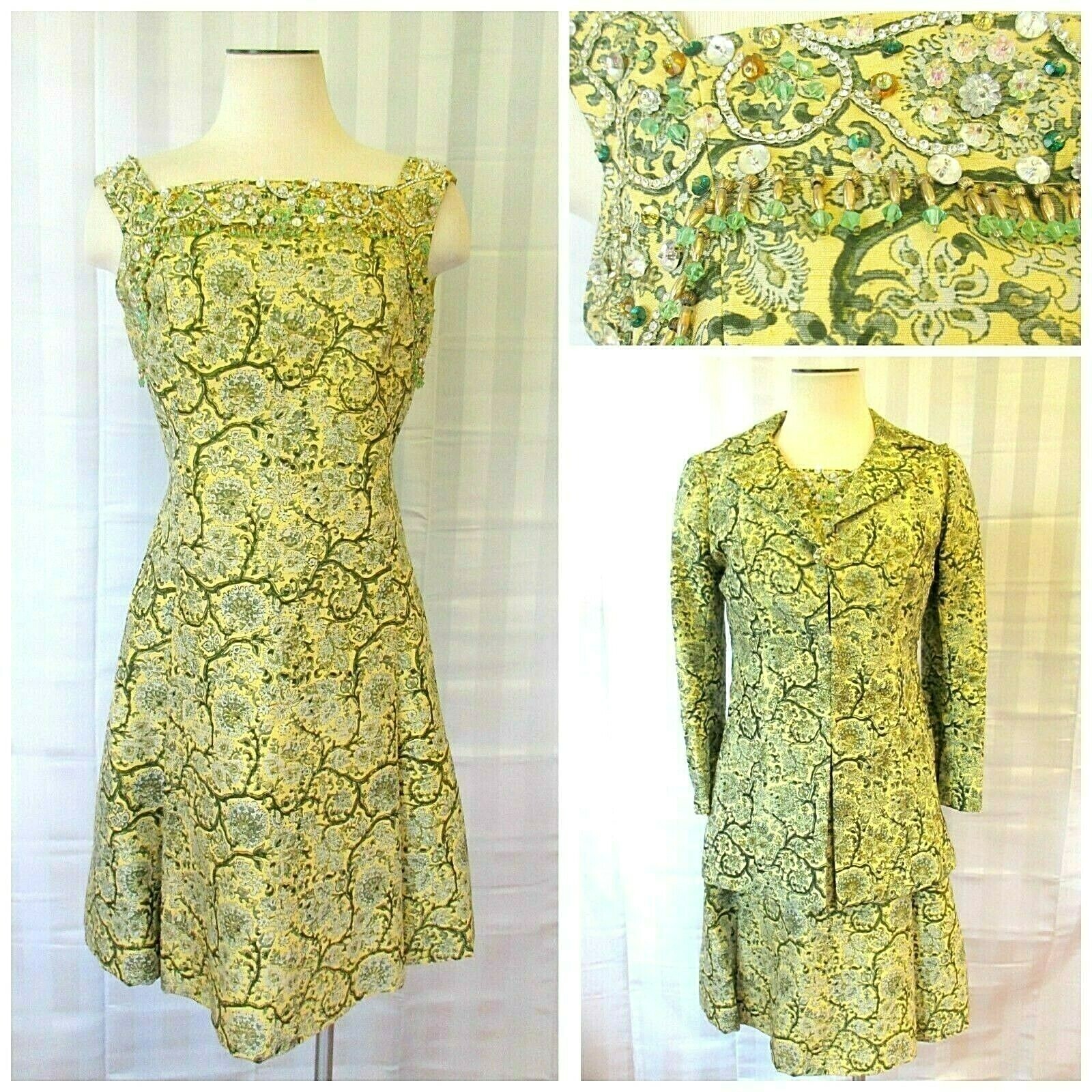 Vintage TINA LESER Silk Dress Suit Jacket 1950s 1960s Yellow Green 36 M Event