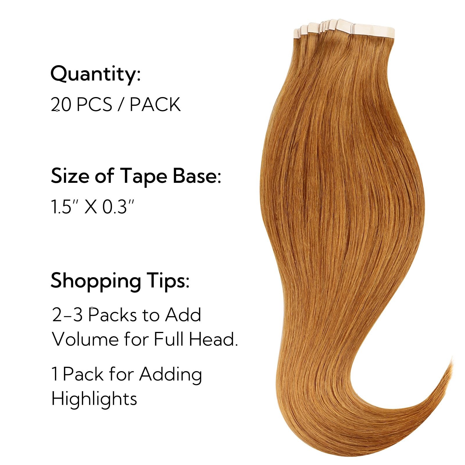 HOTBANANA 18″ Tape-in Hair Extensions 20pcs 50g Auburn Ginger Straight Remy