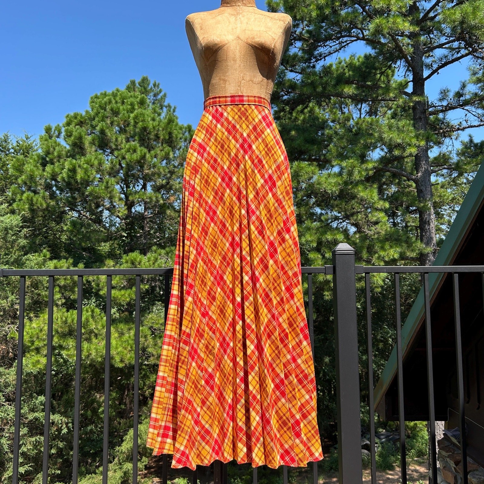 Vintage 60s Red Orange Plaid Accordion Fan Pleat High Waist Full Maxi Skirt M