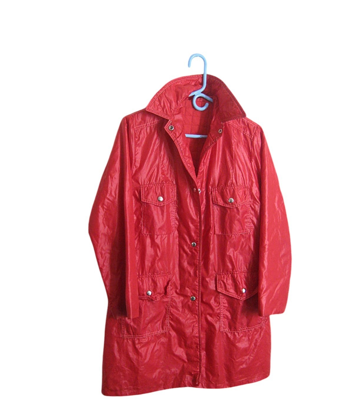 Red Mod Raincoat; Above-Knee With Pockets; Size 6-7 Nylon/All-Season