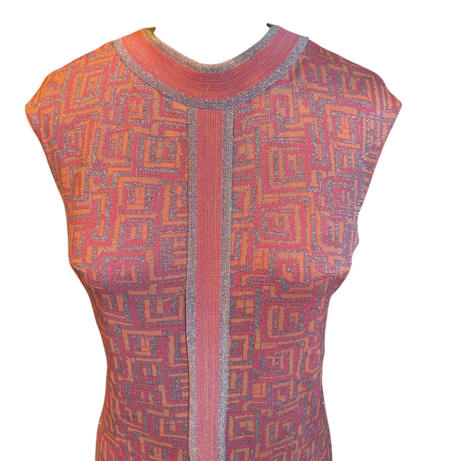 Mod Geometric Lurex Tannel Knits Sheath Dress Sleeveless Pink Orange Vintage