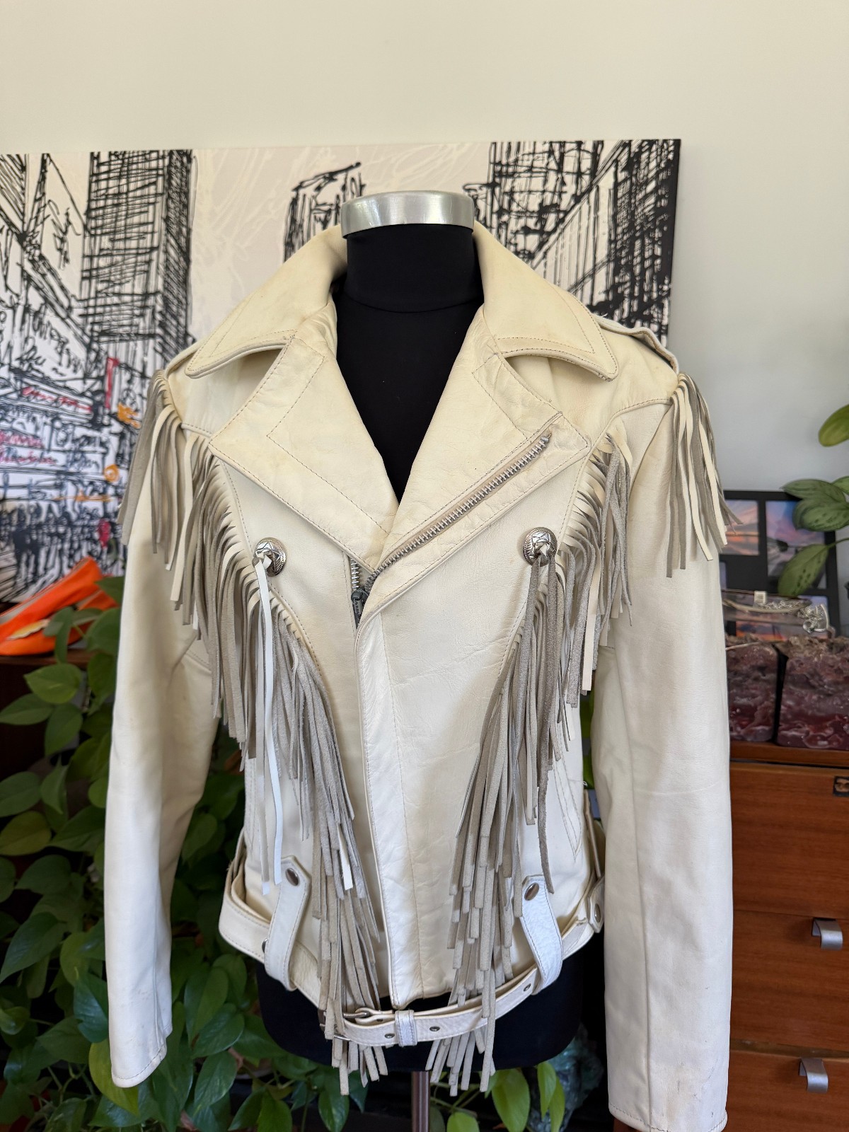 Vintage Biker Jacket Park V White Leather Fringe Motorcycle 36 1980s Moto Thrash
