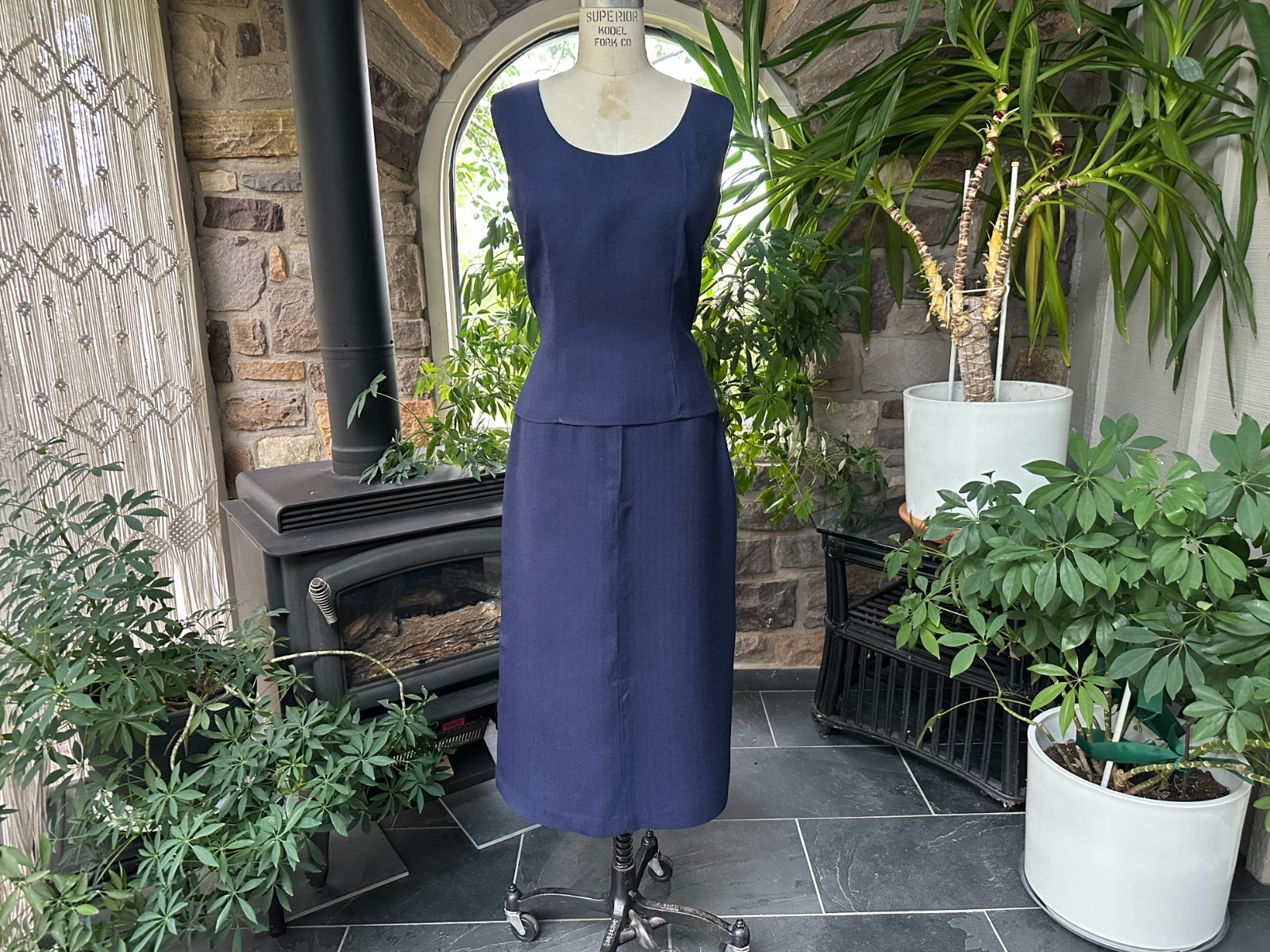 Vintage 1950s Nelly de Grab Navy Blue Textured Linen Look Rayon Skirt Suit Set