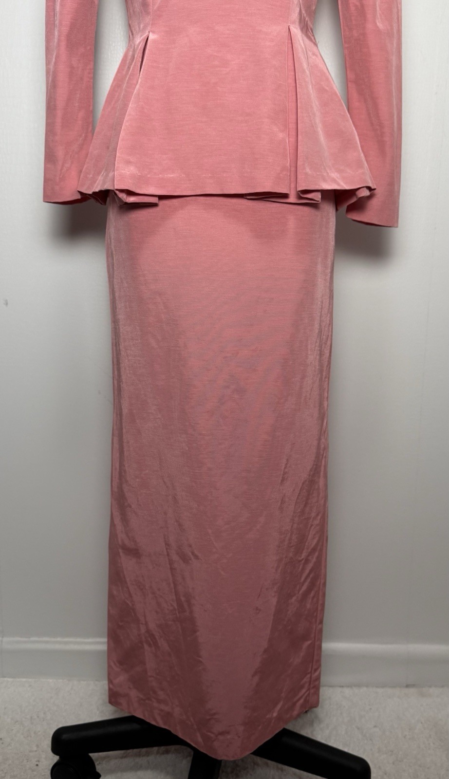 Vtg 80s Watters & Watters Pink Lace Pleated Peplum Maxi Skirt Formal Set XS/S