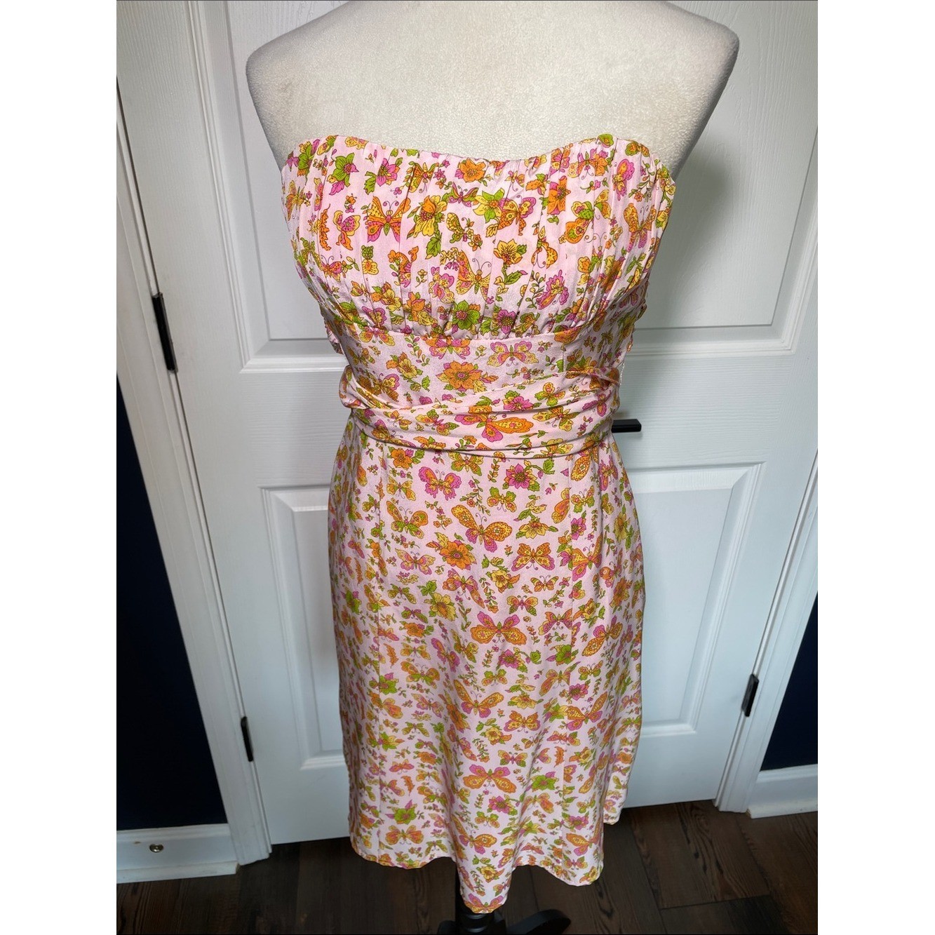 NWT Vintage Nanette Lepore Silk Butterfly Dress 2000s Strapless Pink Y2K Size 4