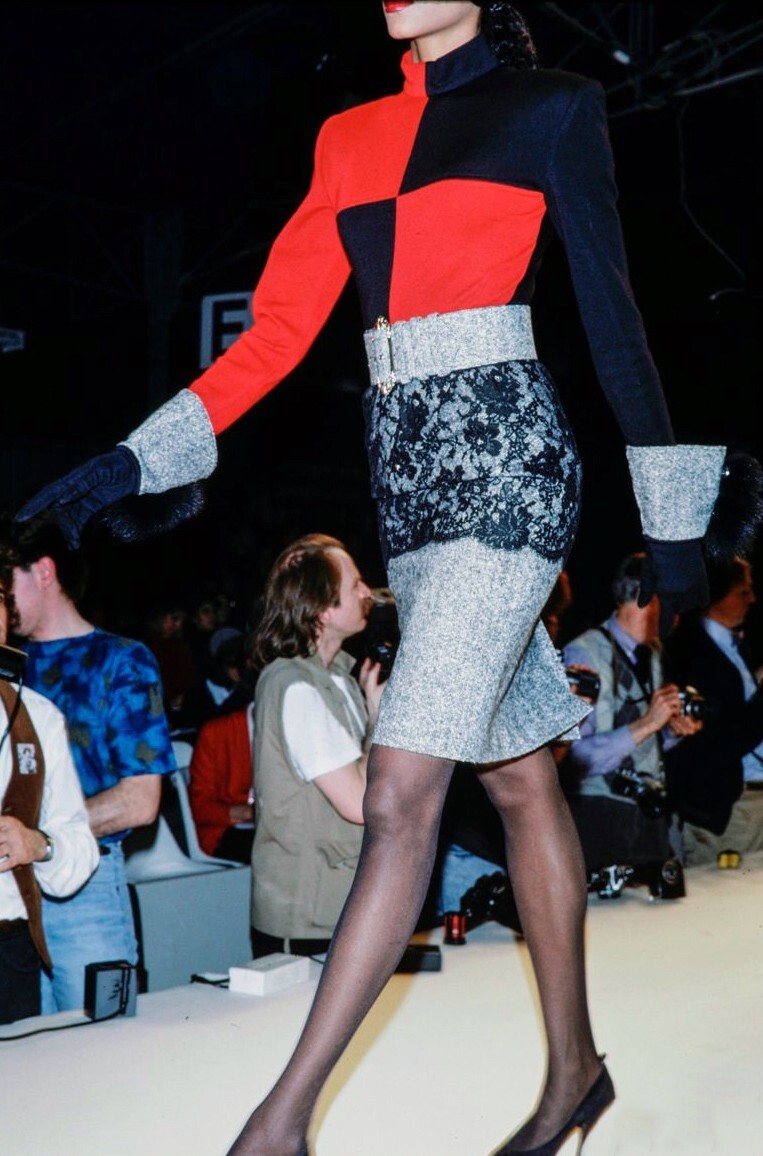 VTG Patrick Kelly Paris F/W 1989 Lace & Wool Tweed Runway Skirt