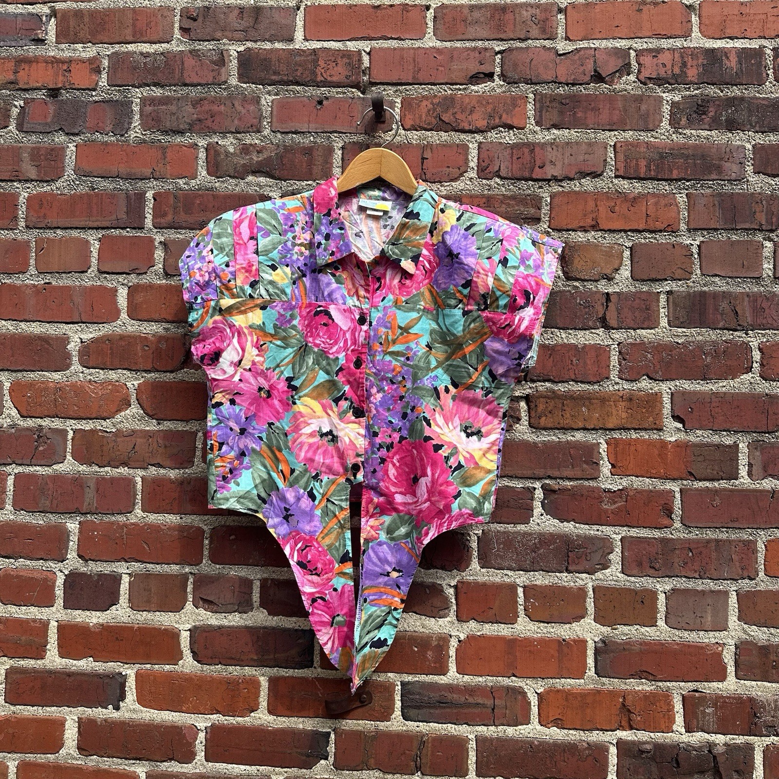 Vintage Sea Suns Vibrant Floral Watercolor Blouse Tie Waist Shoulder Pads 80s